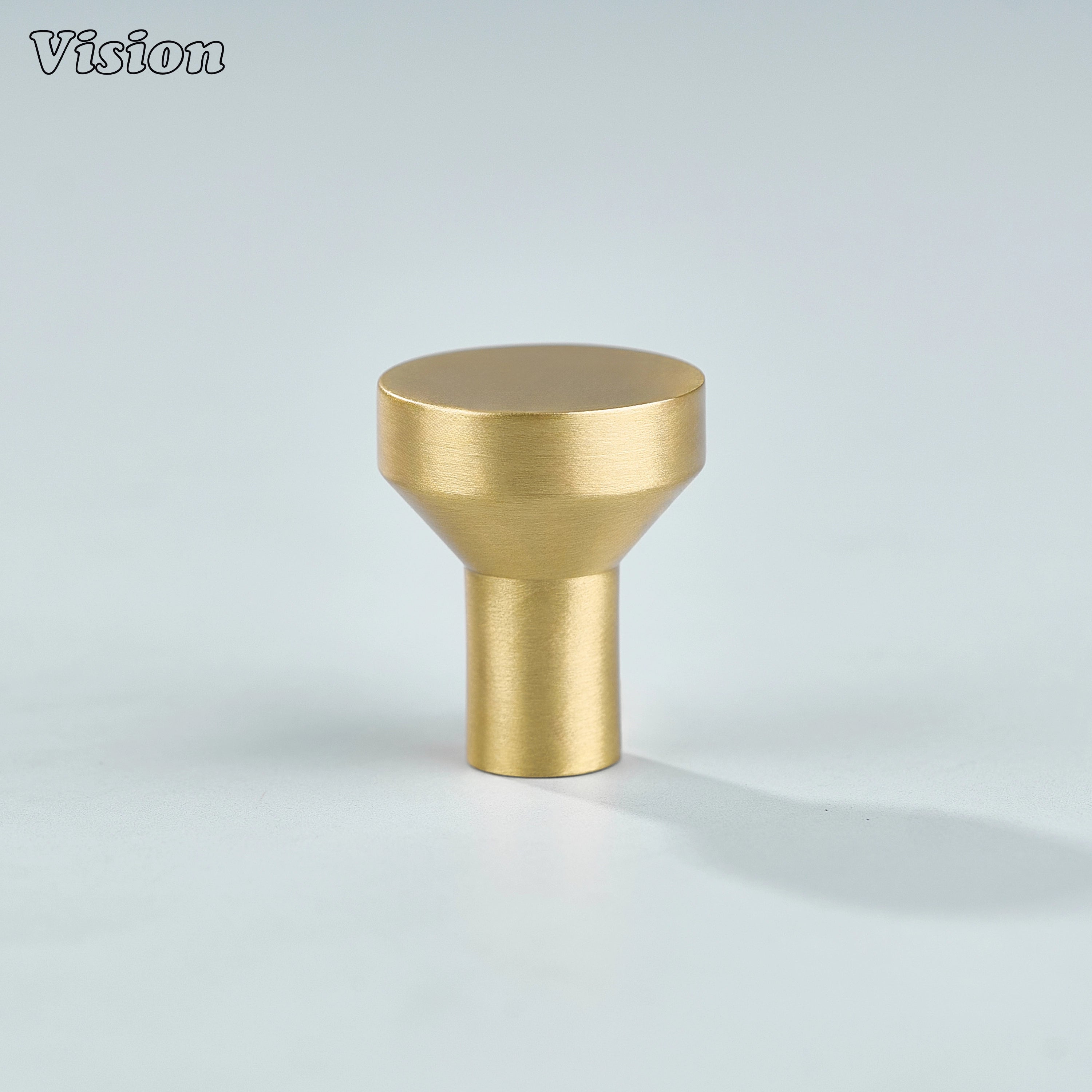Small brass cabinet knob plain round profile in Gold finish with tapered cone body and cylindrical base for kitchen cabinets