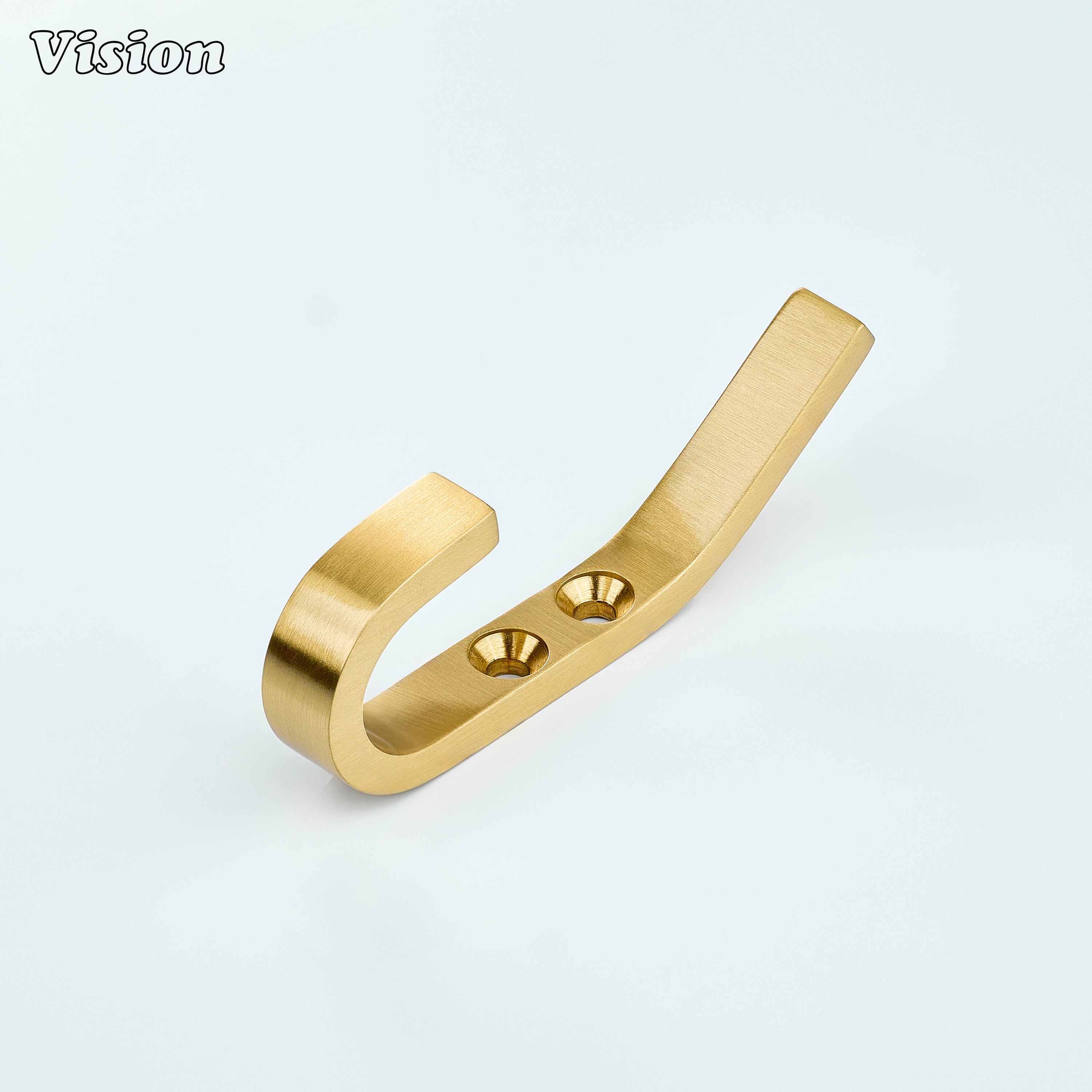 Solid brass wall hook in Gold finish with plain angular profile, flat arm design and concealed screws for bathroom door robe hanging