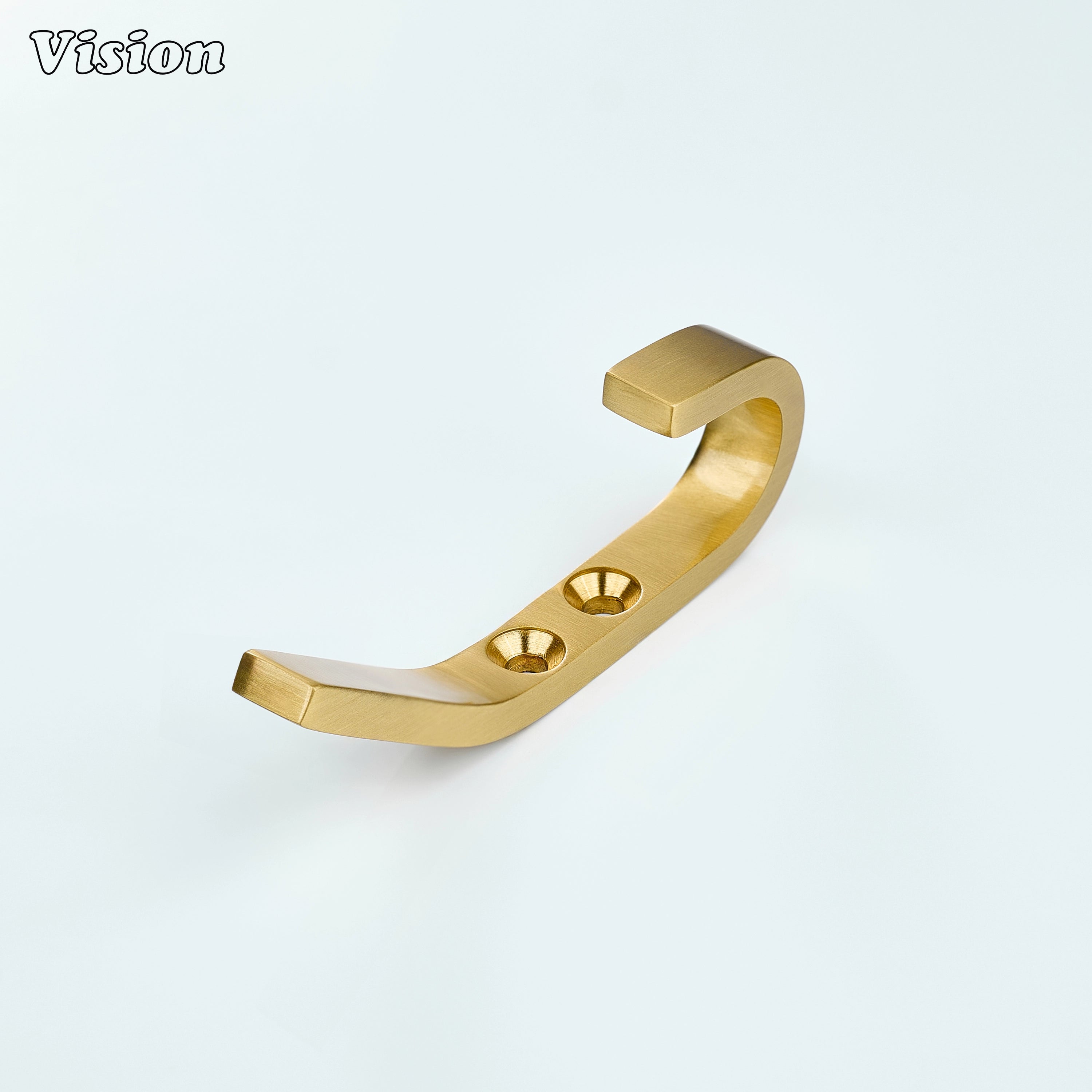 Gold solid brass wall hook featuring a clean bent arm design for hanging hats and coats on bedroom doors