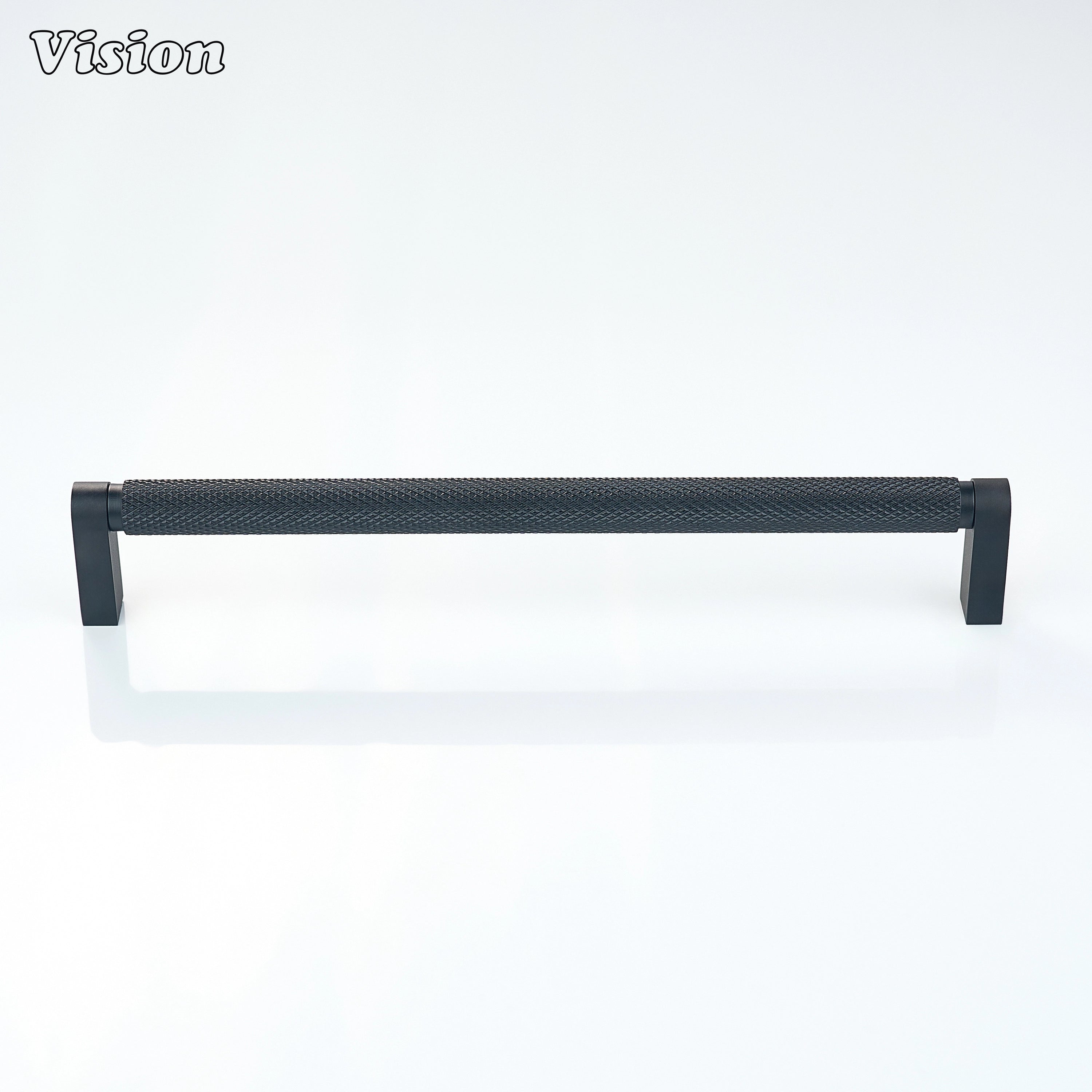 Black finish knurled cabinet handle installed on contemporary drawers
