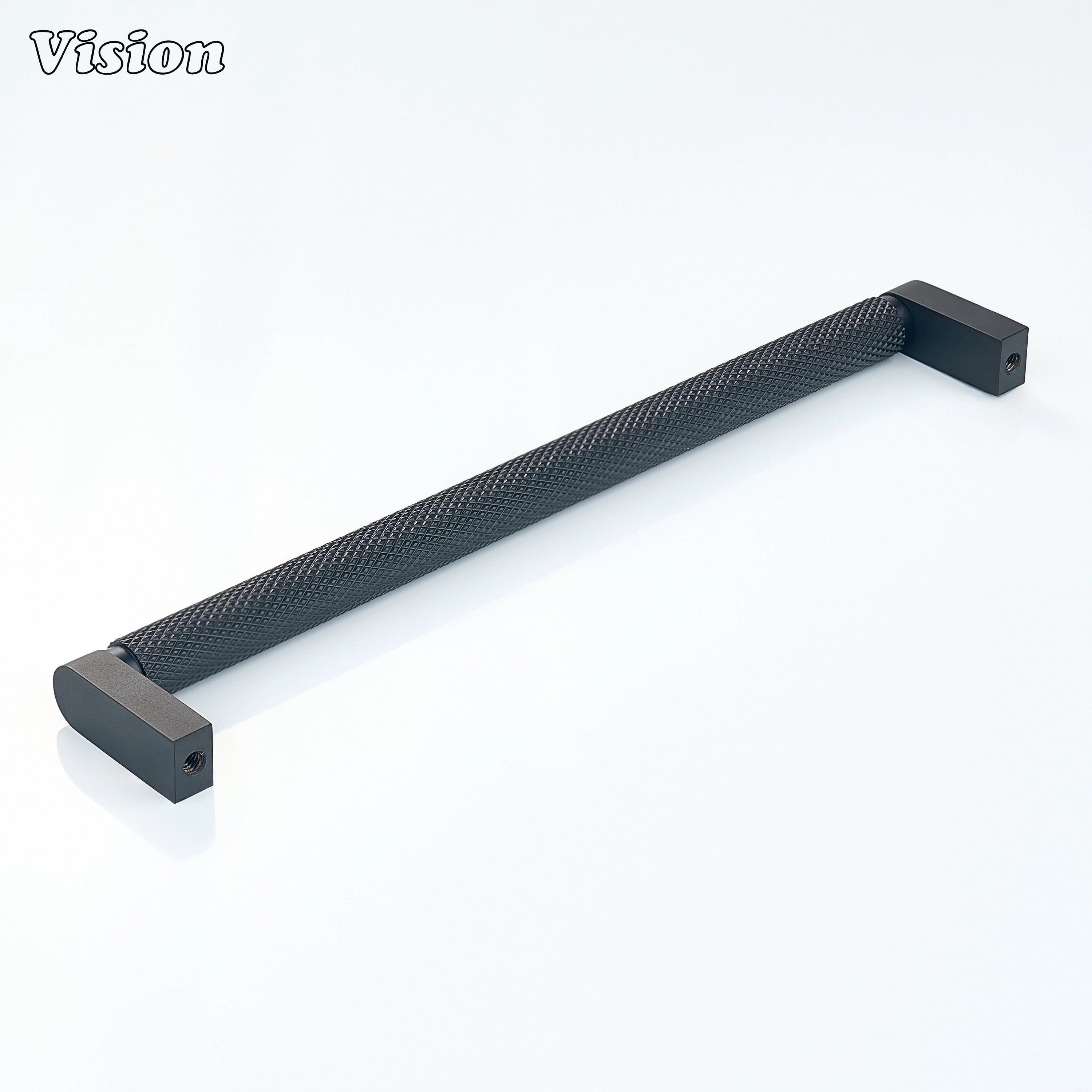 Cylindrical Black knurled cabinet handle applied to furniture drawers