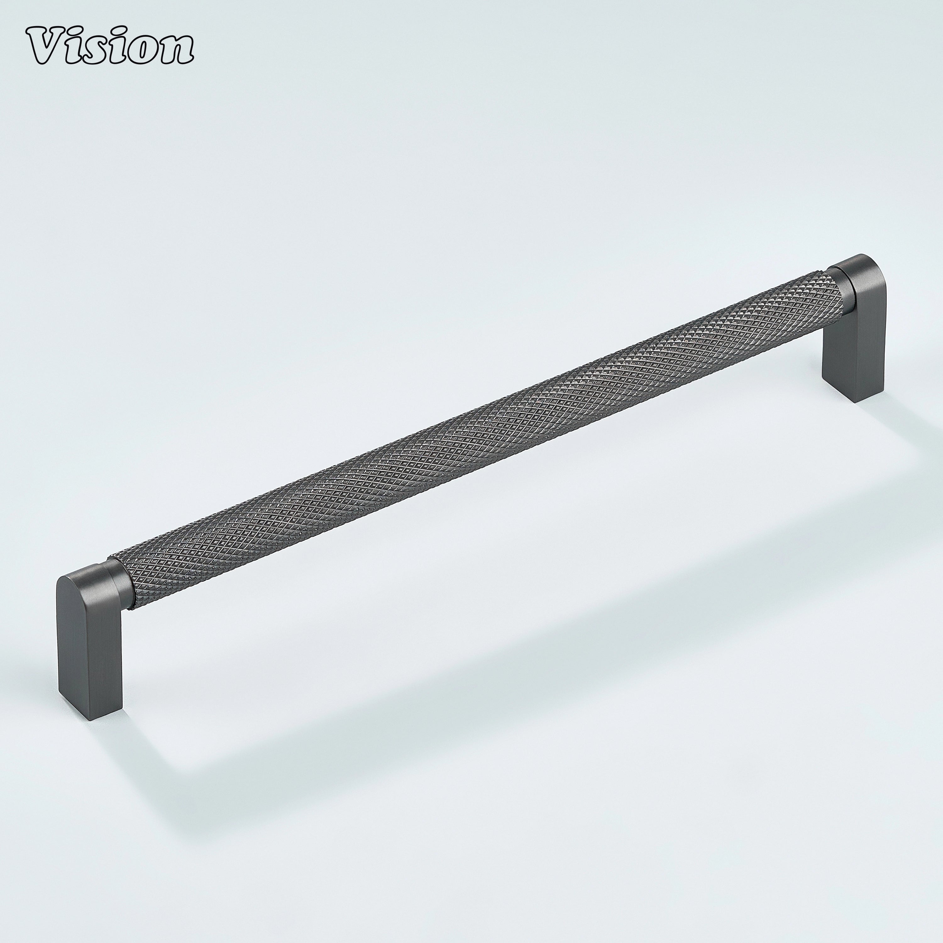 Gunmetal ripple knurled cabinet handle installed on bathroom cabinets.