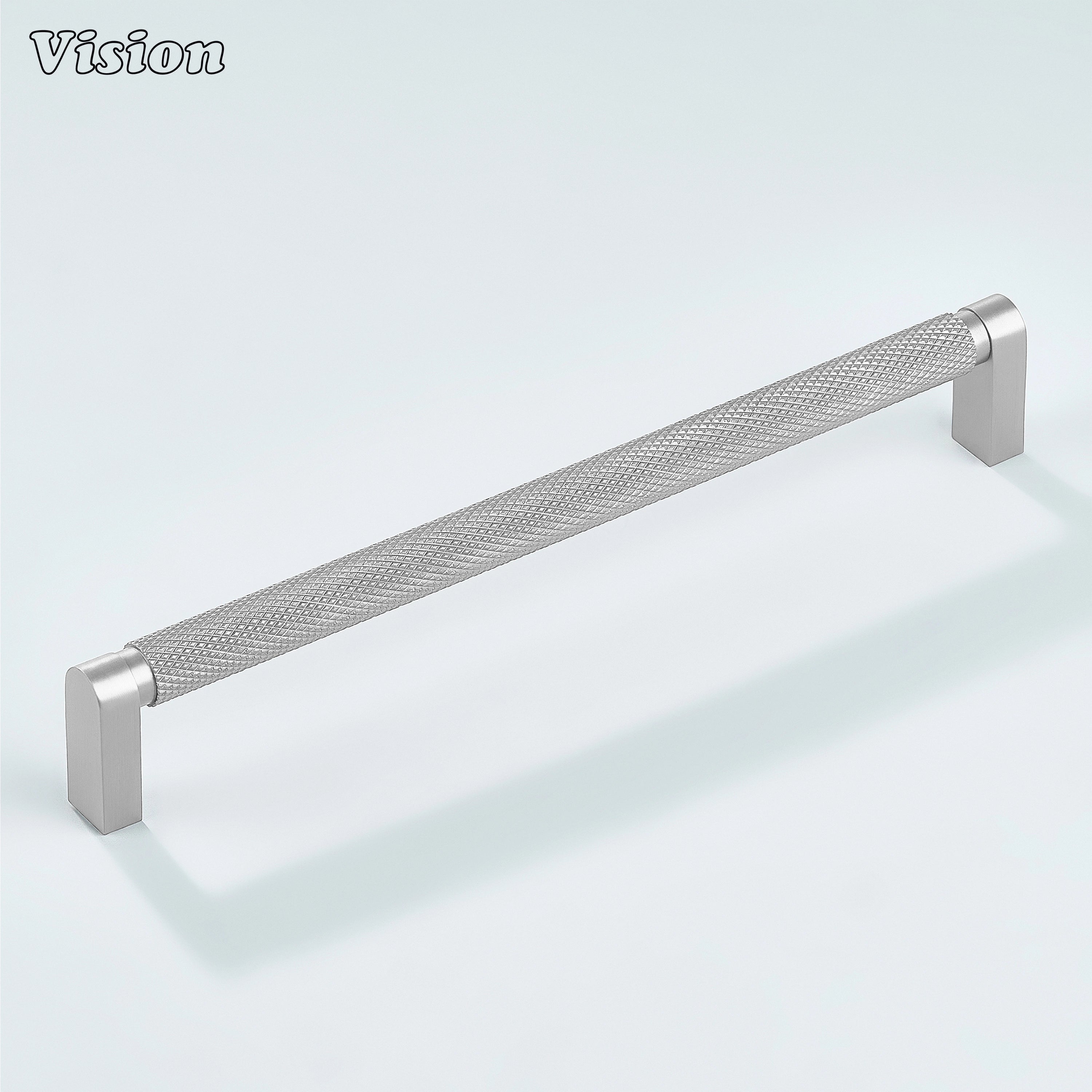 Silver ripple knurled cabinet handle used on cupboards.
