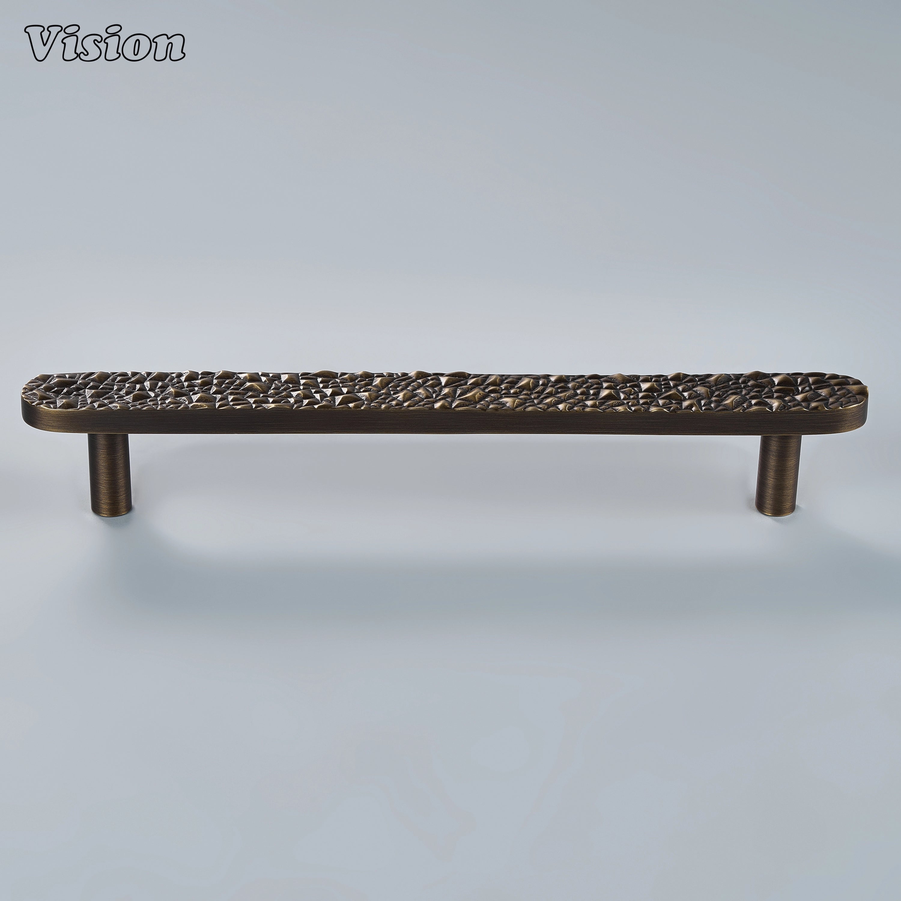 Handcrafted cabinet pull in antique bronze finish featuring a heavy textured bar for wardrobes