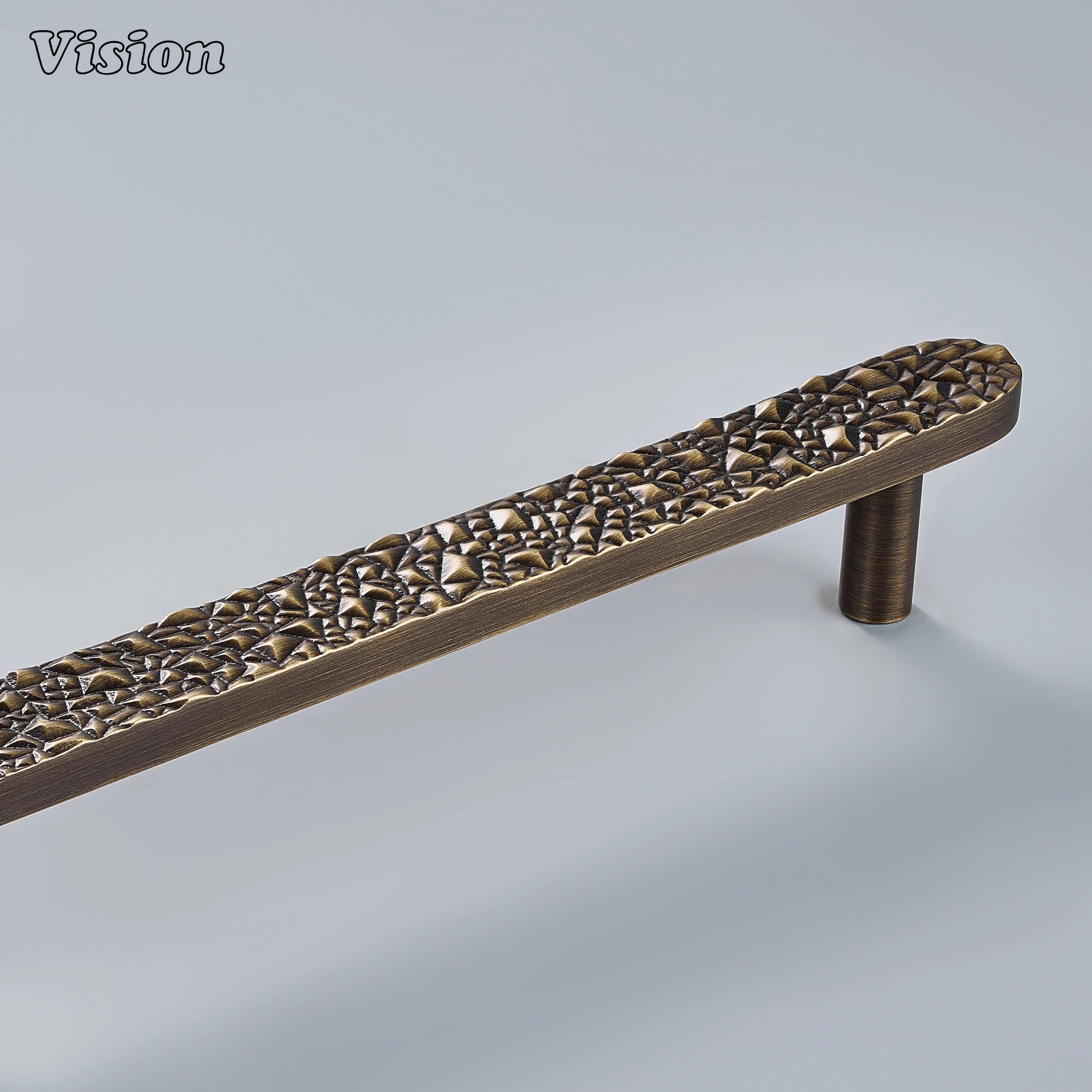 Premium antique bronze sculpted brass cabinet pull with round posts on luxury bathroom vanities