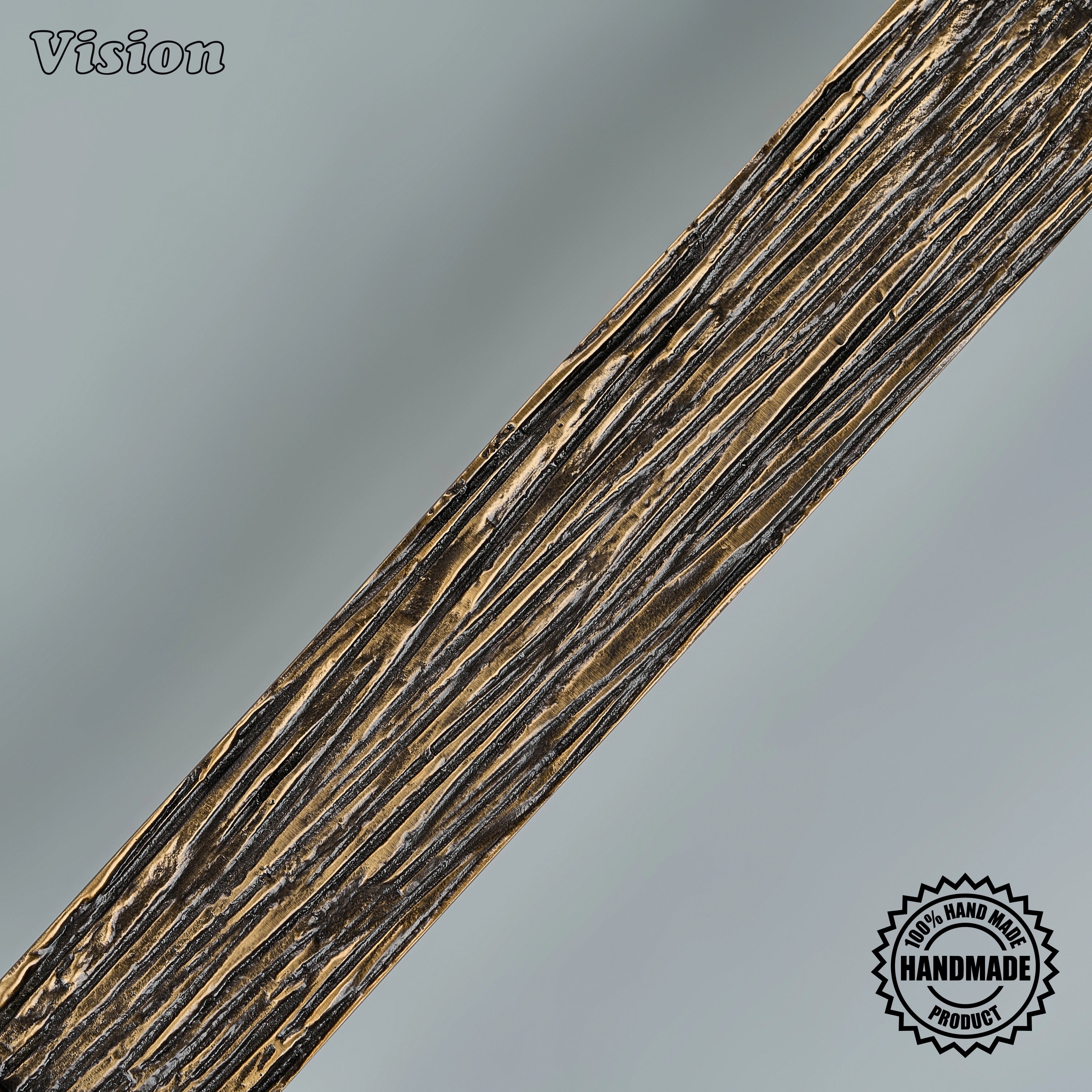 Handcrafted antique bronze appliance pull with organic striated relief on oversized entry doors