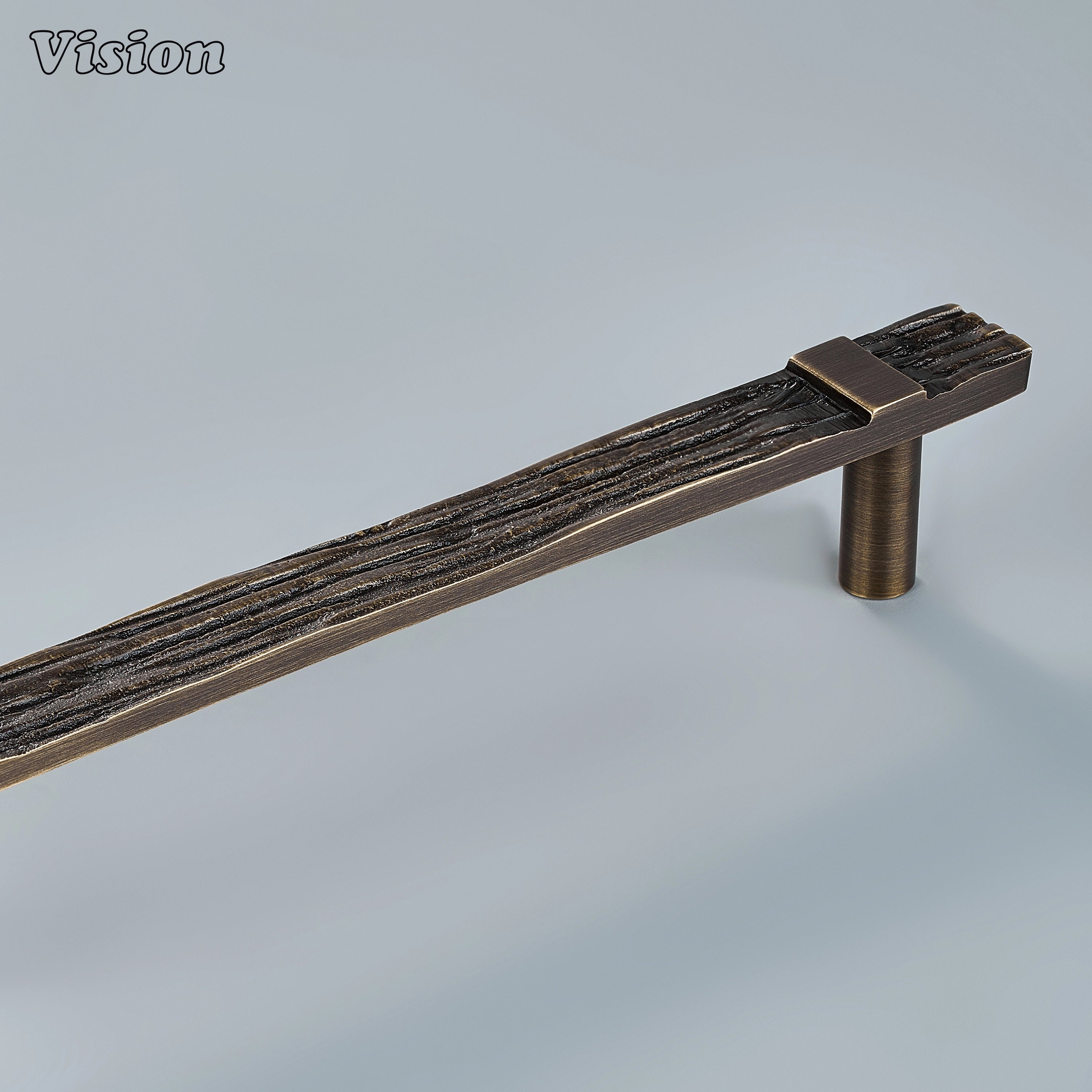 Premium antique bronze sculpted brass cabinet pull with square posts on bathroom vanities