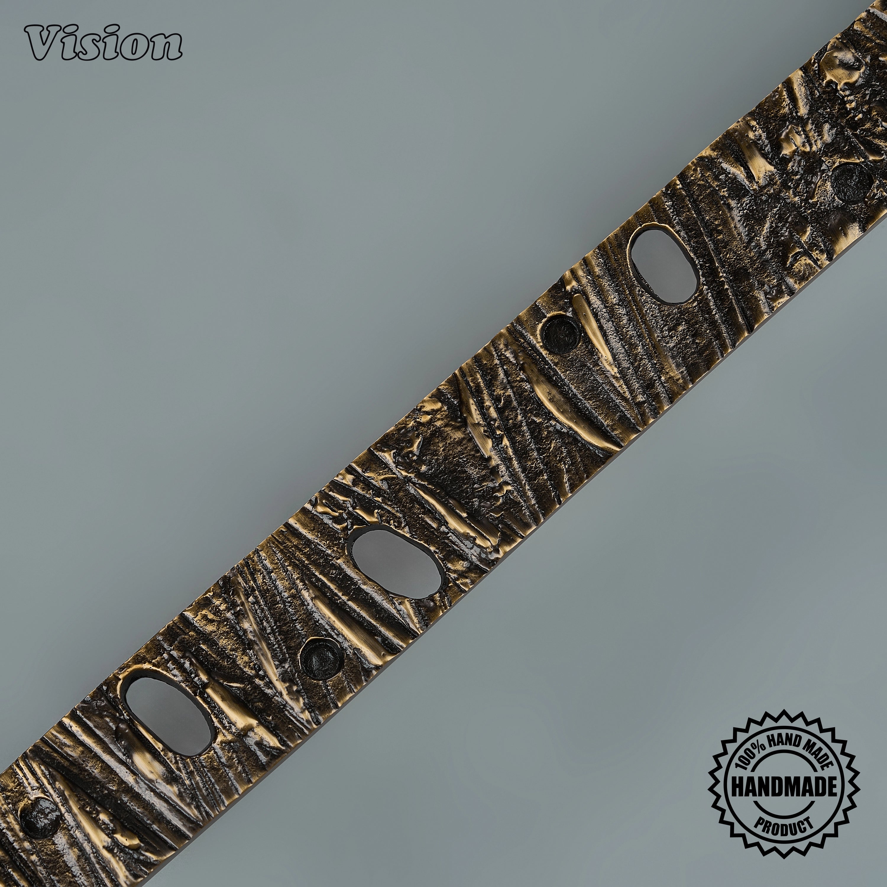 Handcrafted door handle in antique bronze with cylindrical base legs on grand passage doors