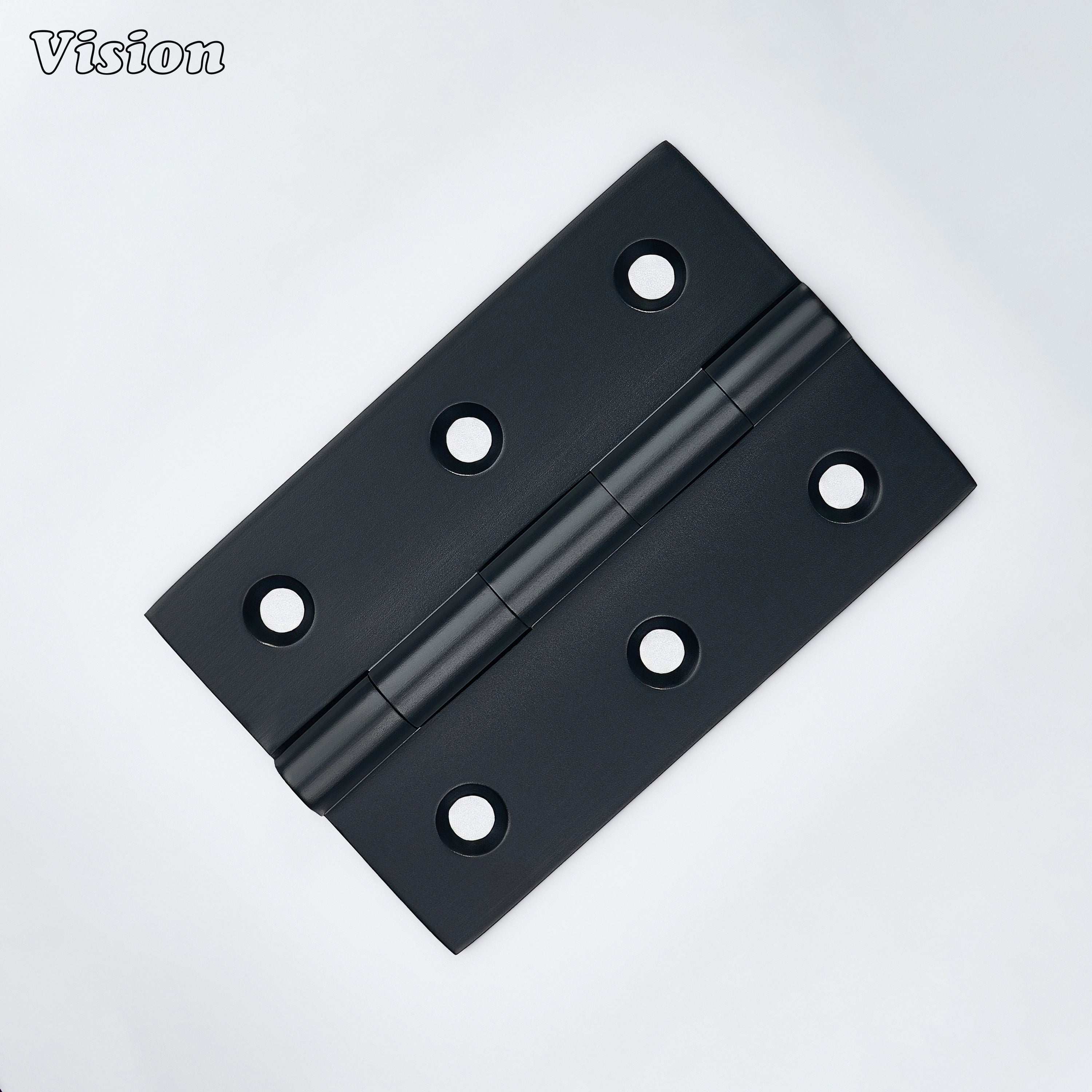 Wide rectangular black brass hinge designed for cabinet shutters