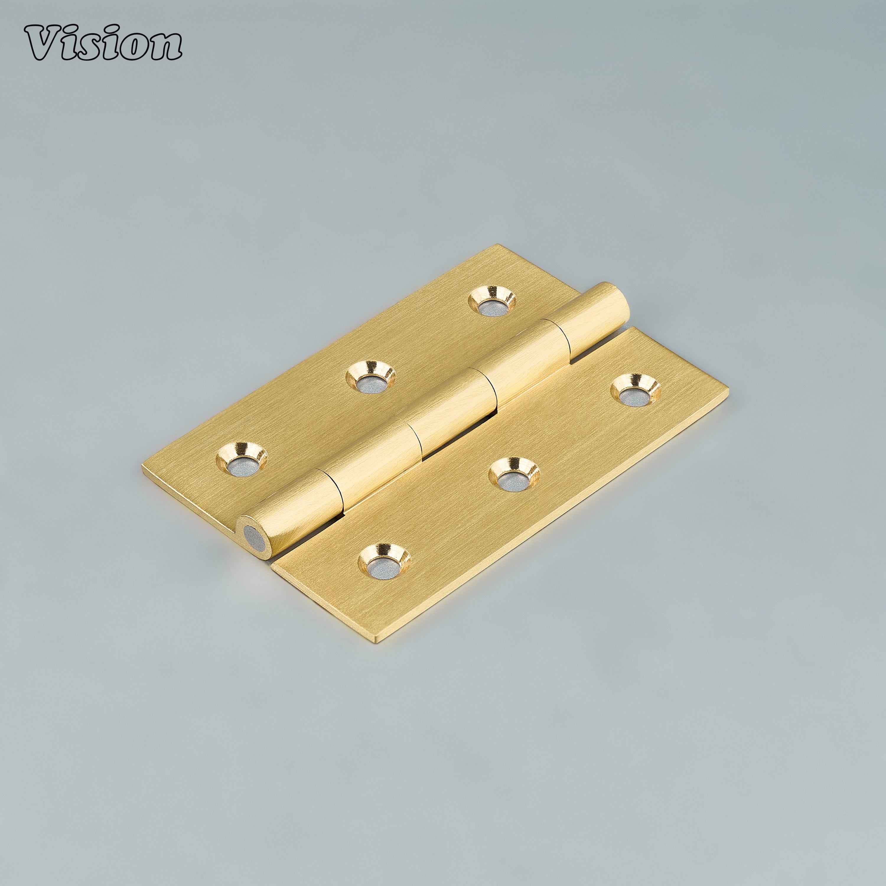 Brass cabinet hinge with plain profile in gold finish featuring wide rectangular plates for kitchen cabinets