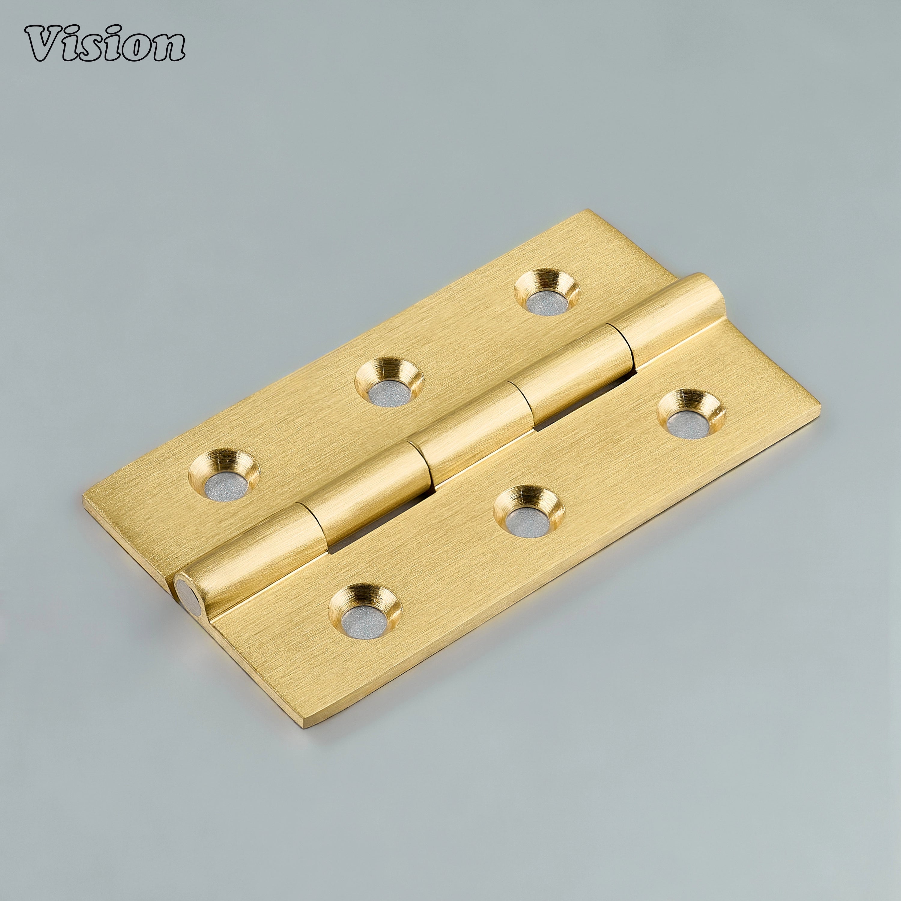 Brass cabinet hinge with plain profile in gold finish featuring rectangular plates for kitchen cabinets