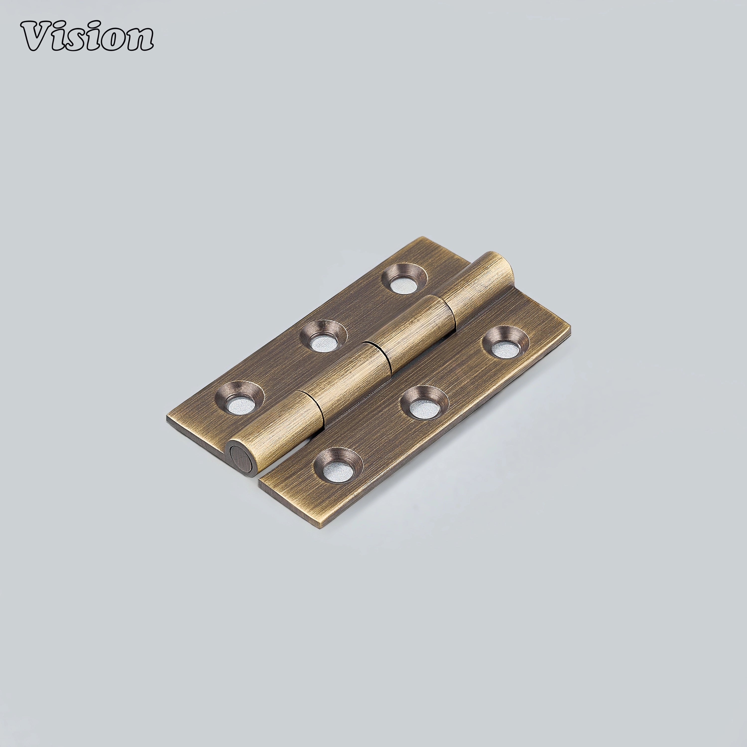 Small brass cabinet hinge in antique bronze finish with rectangular plates for cabinets