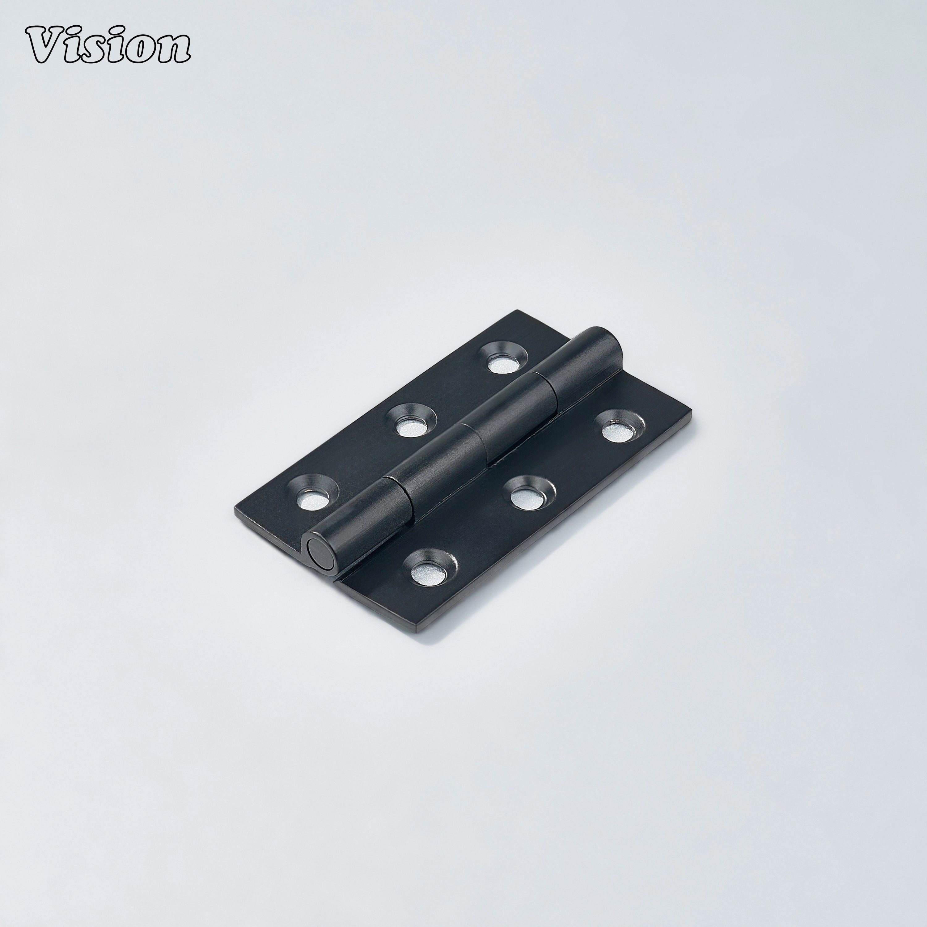 Small brass cabinet hinge in black finish with rectangular leaf design