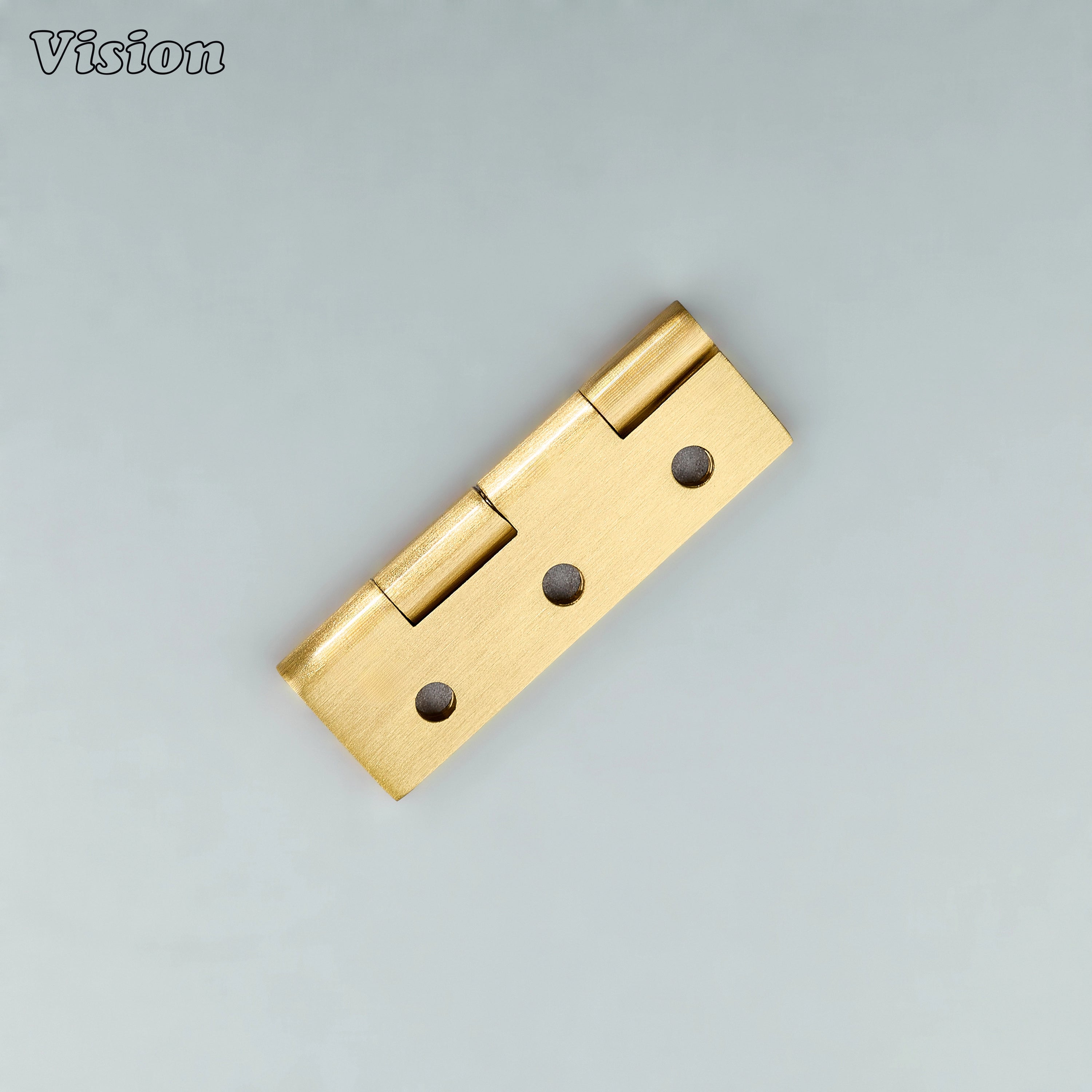 Compact gold cabinet hinge with flat rectangular plates for furniture doors
