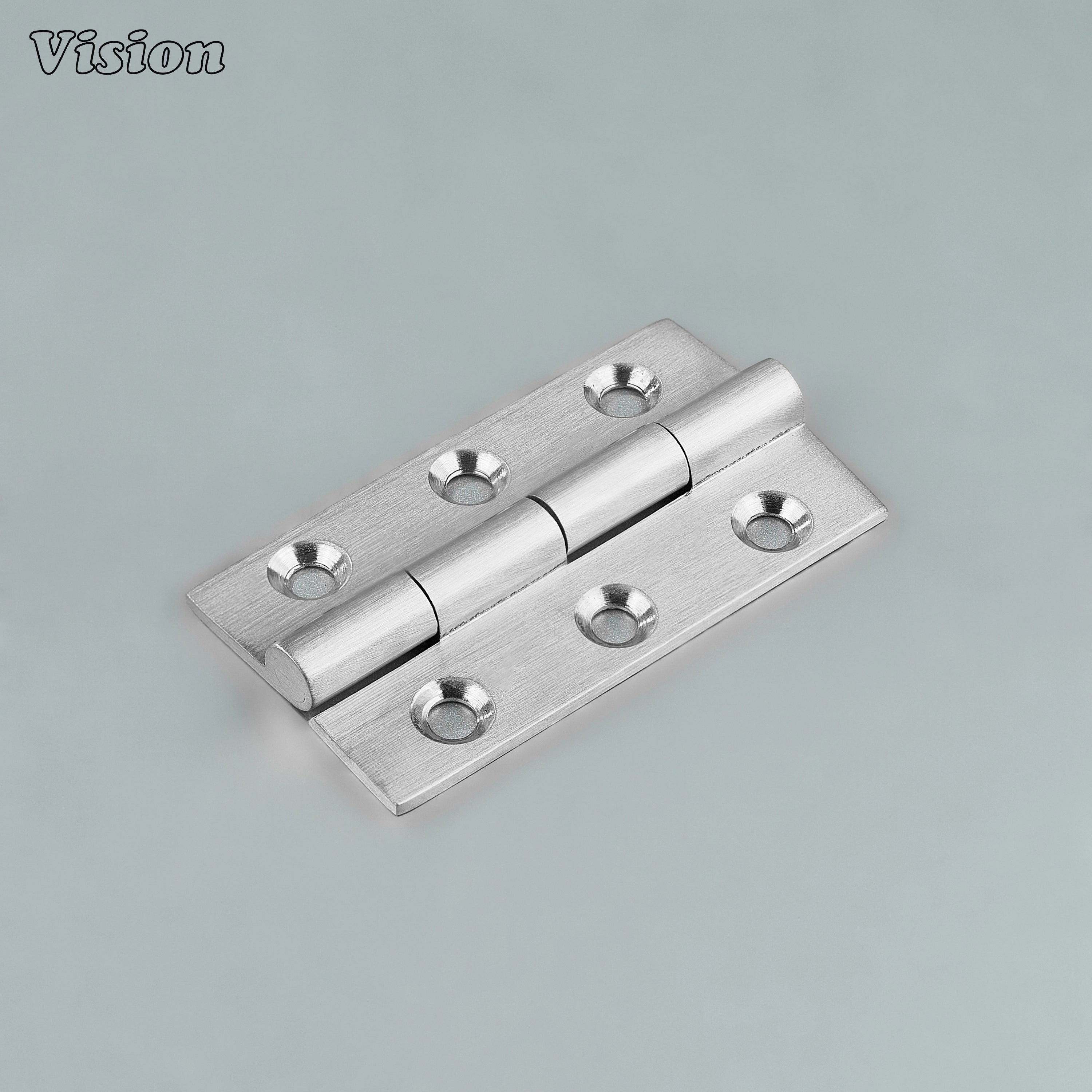 Small brass cabinet hinge in silver finish with rectangular leaf plates