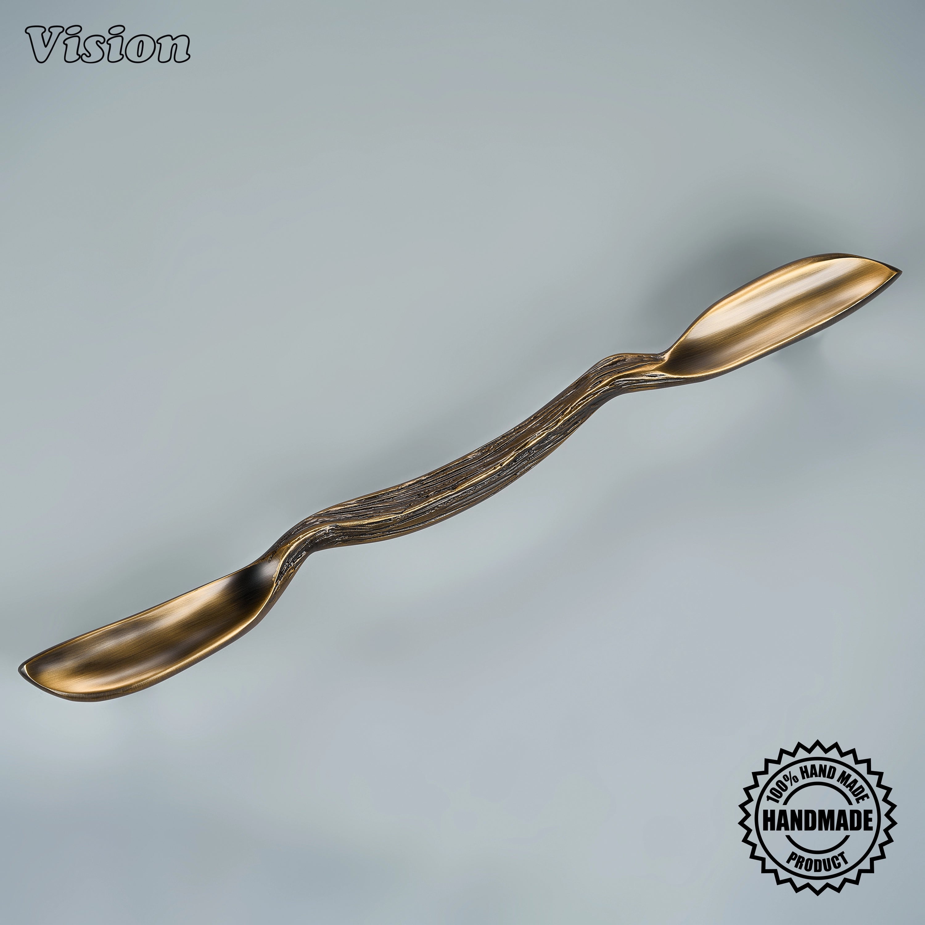Antique bronze artisanal door handle with smooth flared ends for heavy interior double doors