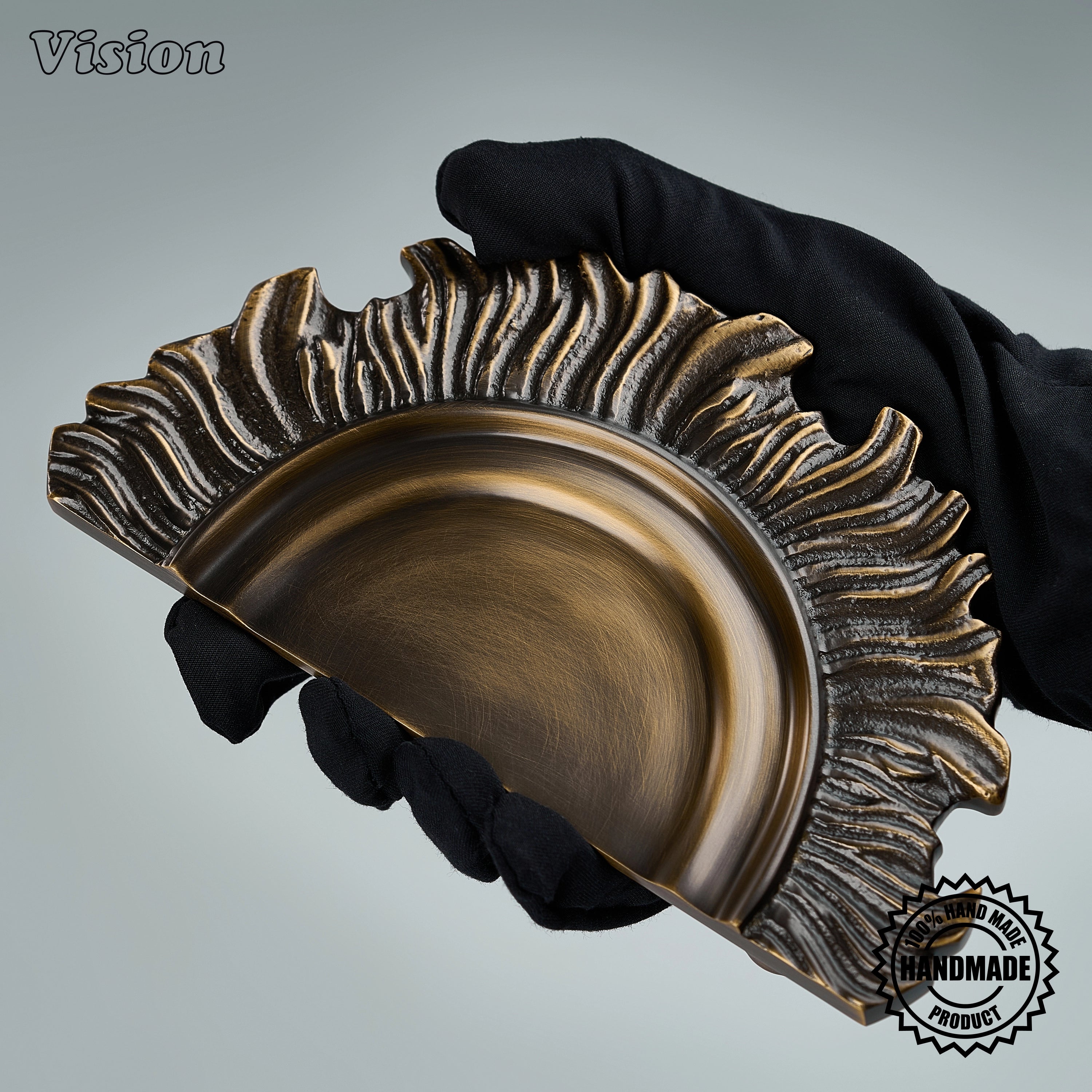 Solid brass handcrafted sunburst door pull in Antique Bronze for statement front doors and designer homes.