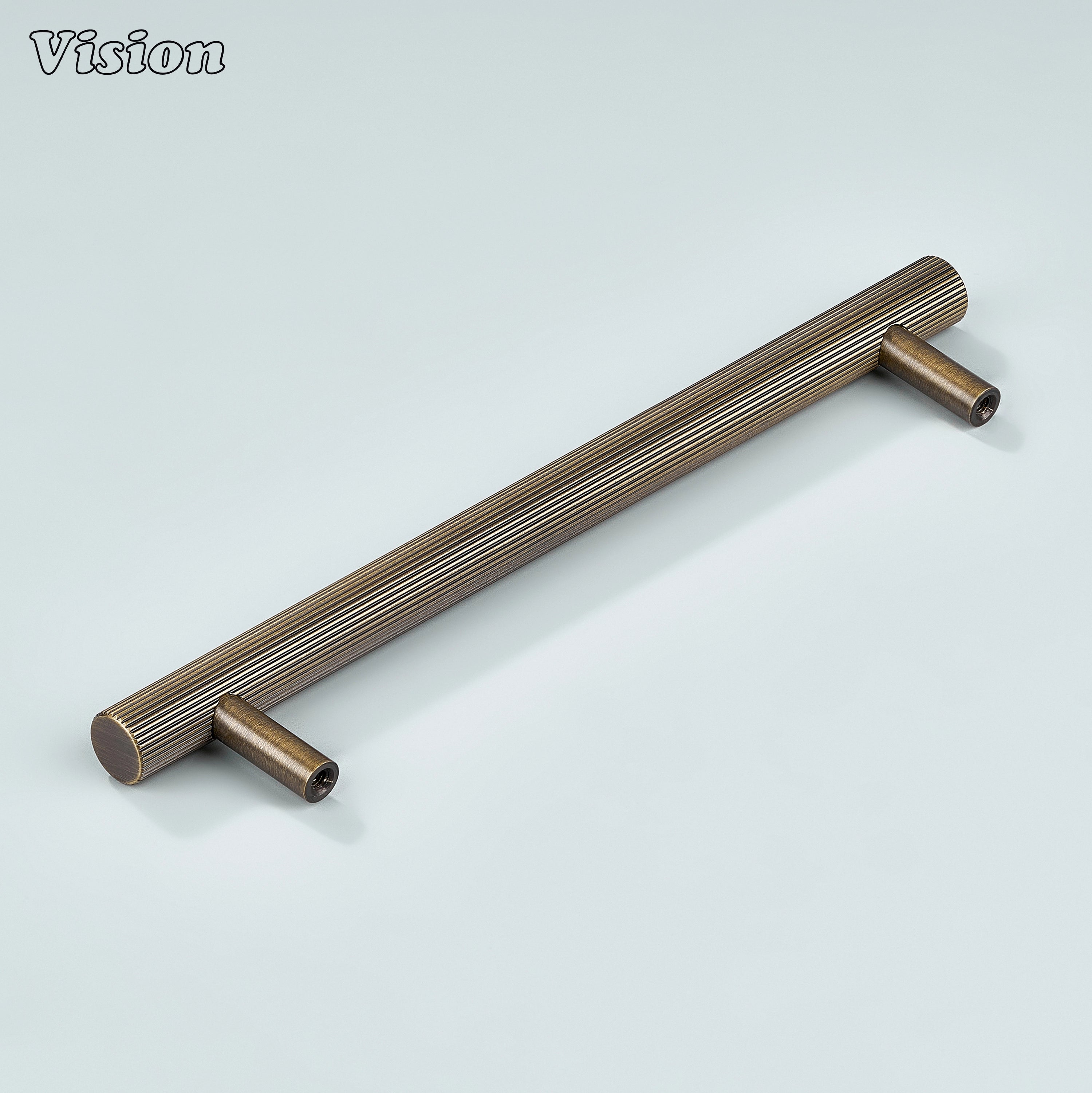 Antique bronze textured linear handle with cylindrical legs for modular kitchens.