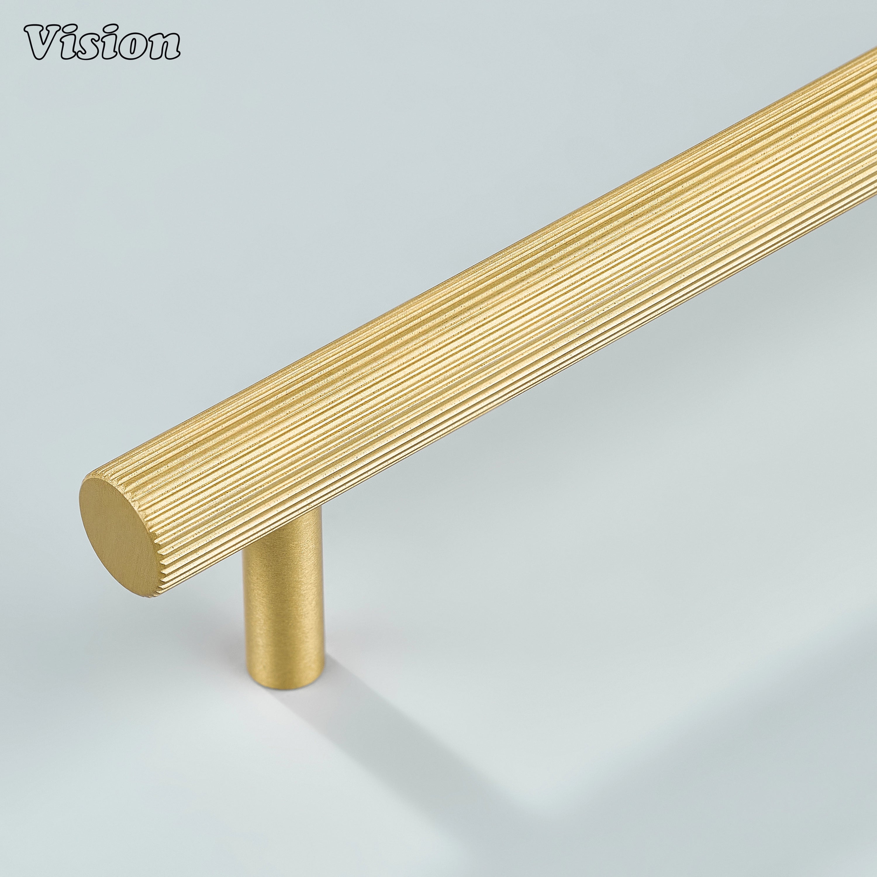 Gold linear knurled cabinet handle with full knurl texture and cylindrical legs for kitchen cabinets.