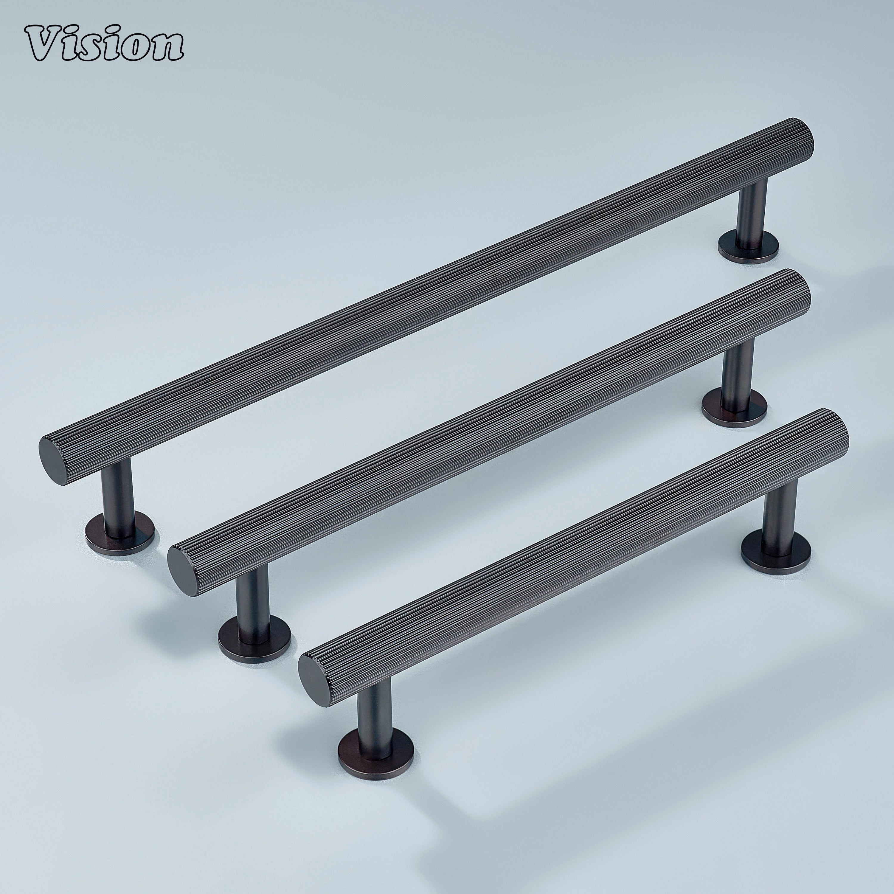 Oil rubbed bronze linear knurled pull with cylindrical legs for wardrobe shutters.