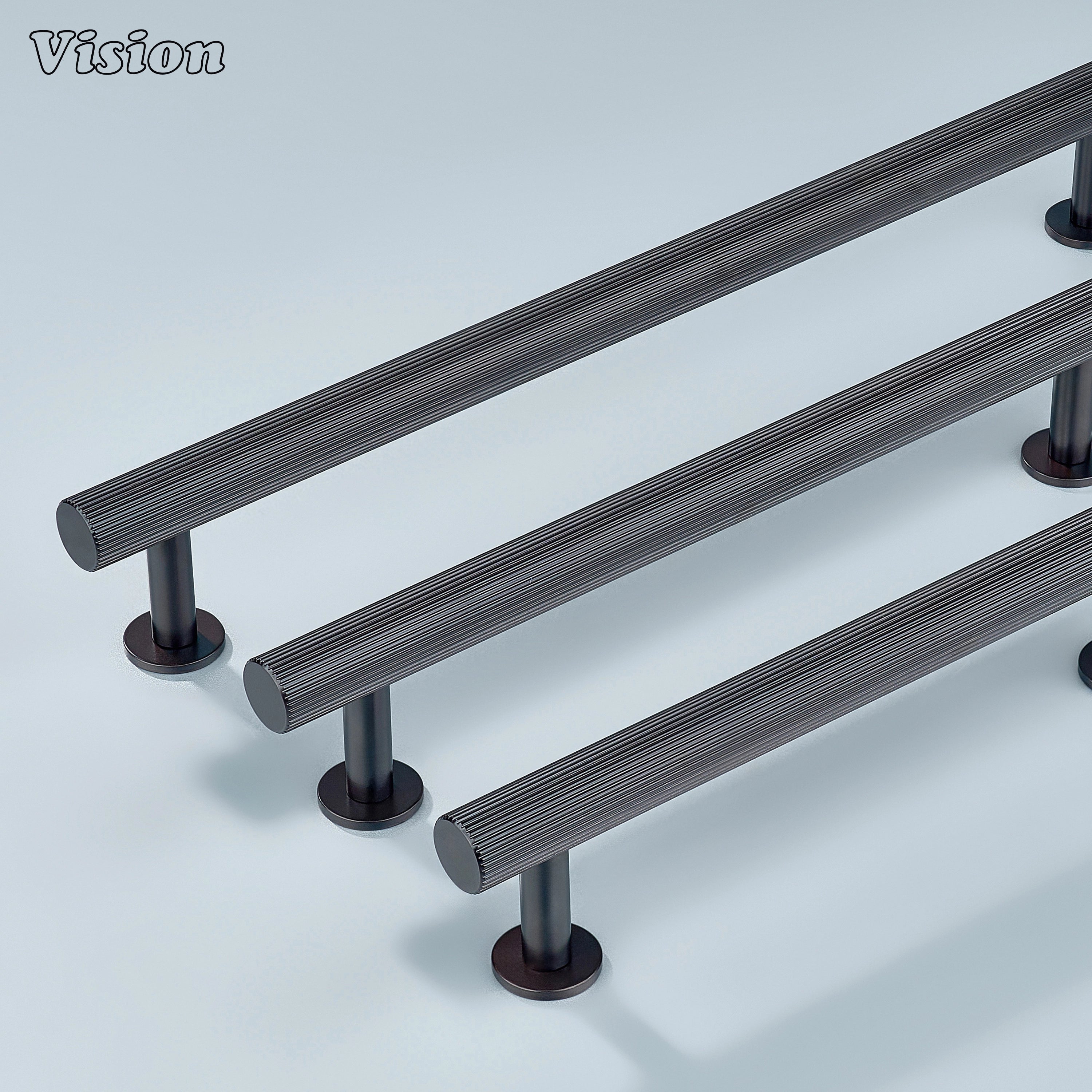 Oil rubbed bronze linear knurled cabinet hardware used for drawers and cupboards.