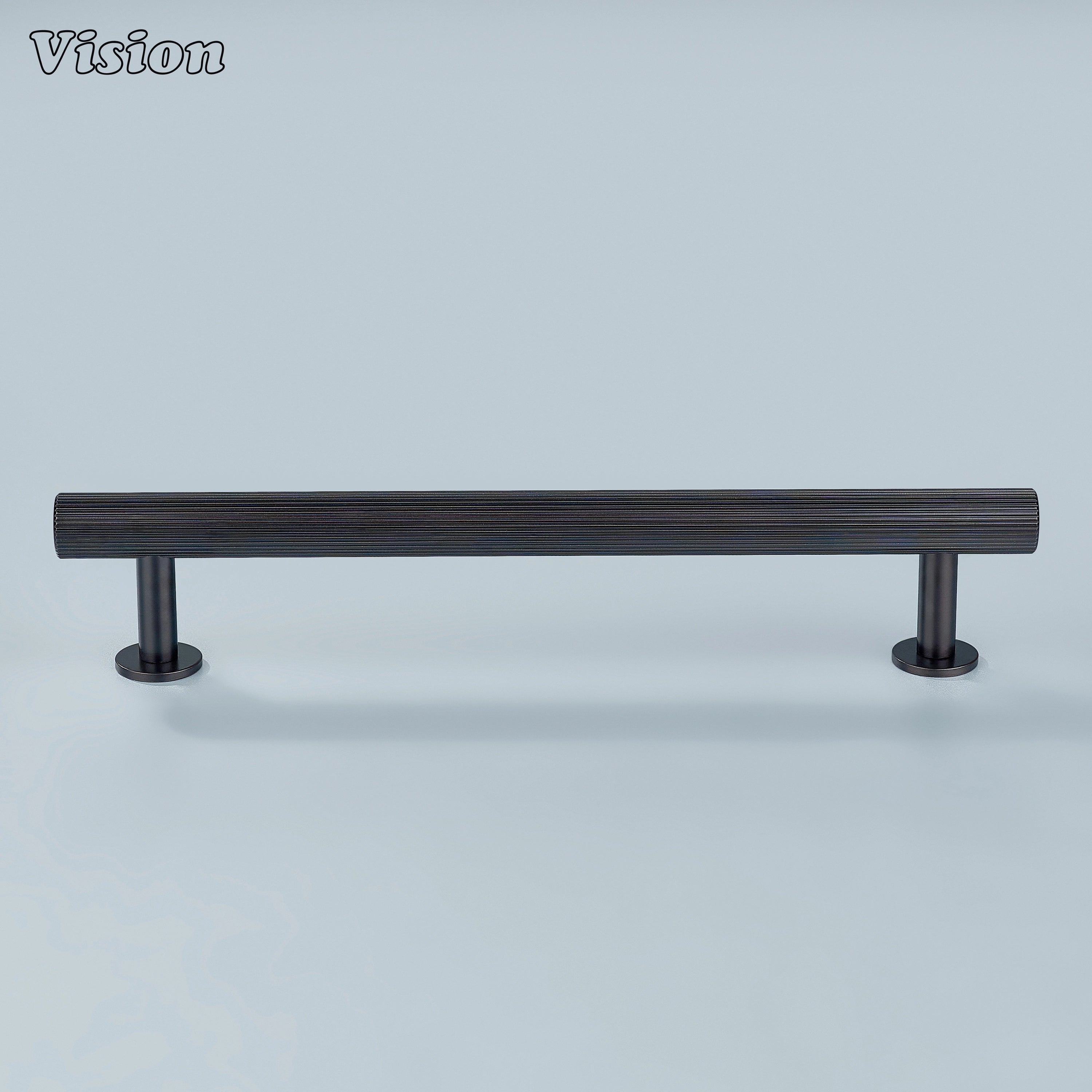 Oil rubbed bronze linear knurled handle with deep tone for dresser drawers.