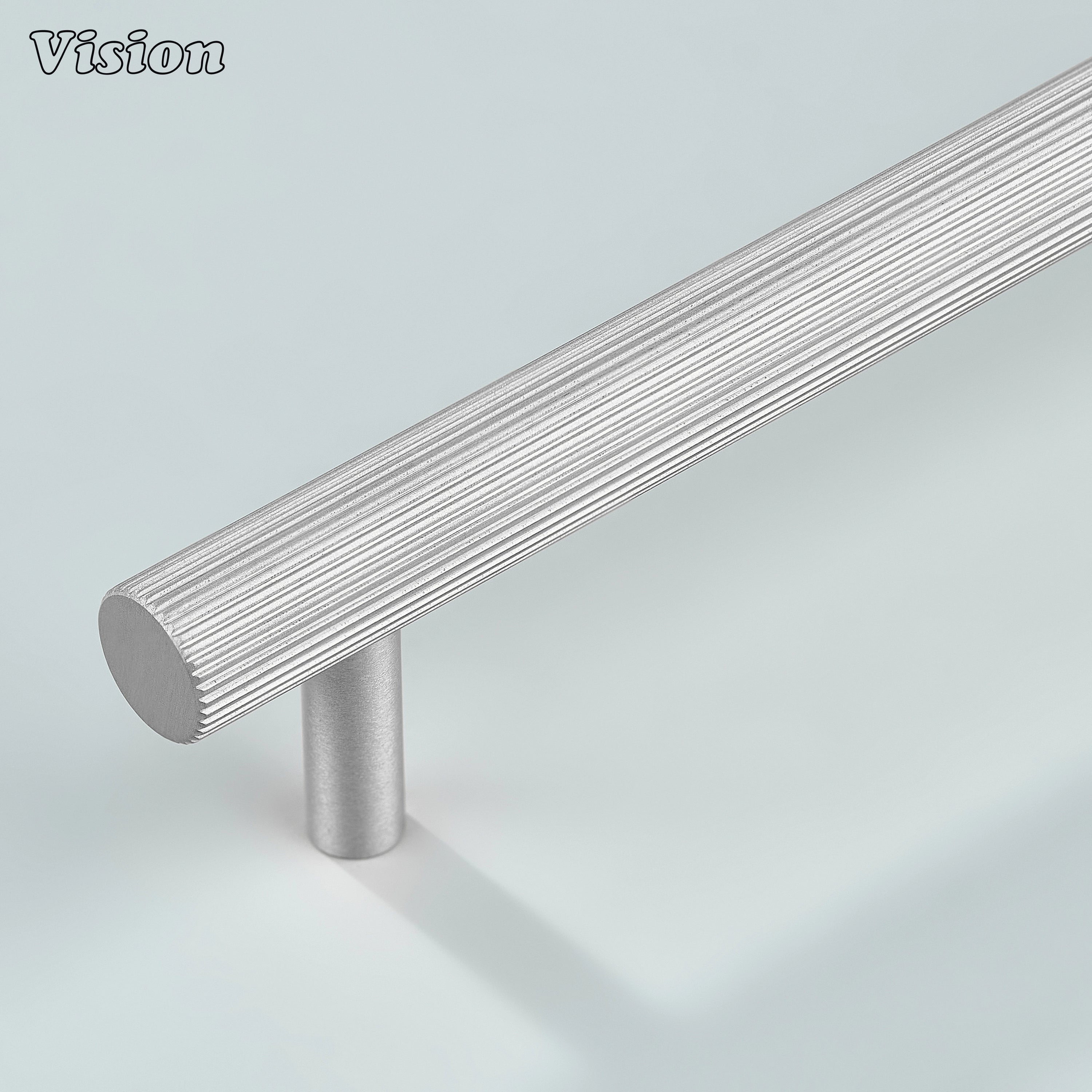 Silver linear knurled cabinet handle with full knurl bar for sleek kitchen cabinets.