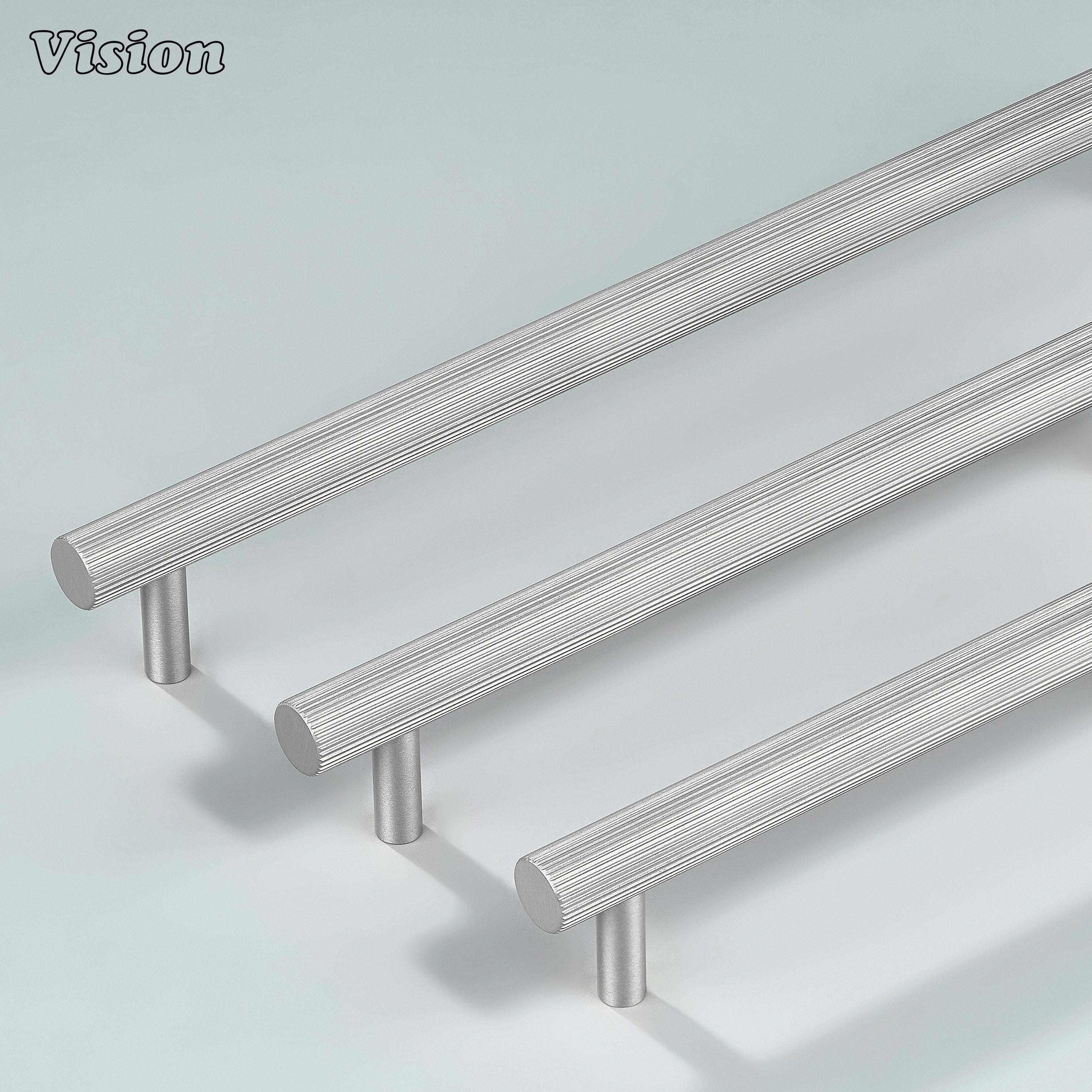 Silver linear knurled cabinet handle for drawers and cupboards.