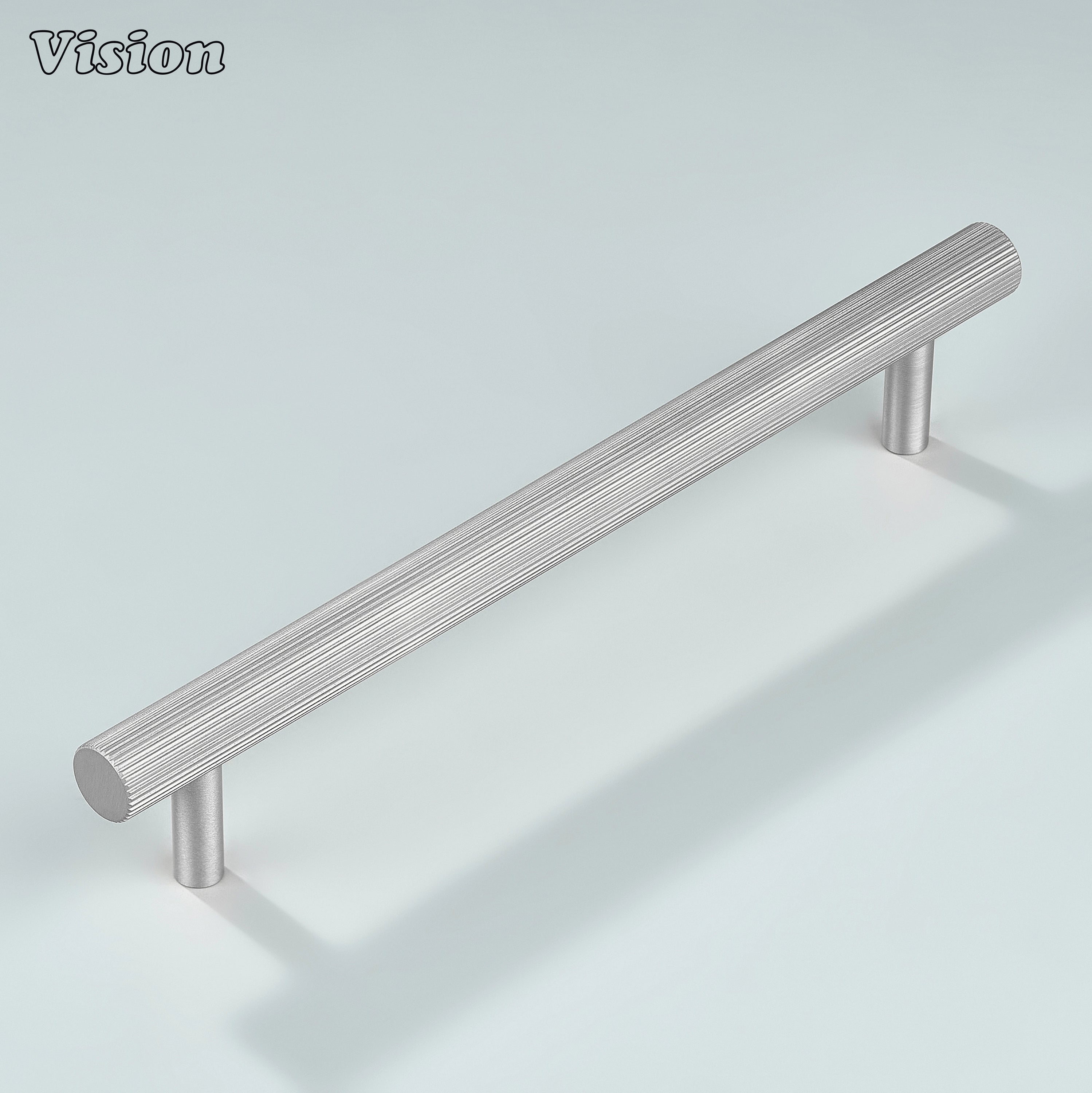 Silver knurled linear handle offering polished modern grip for furniture.