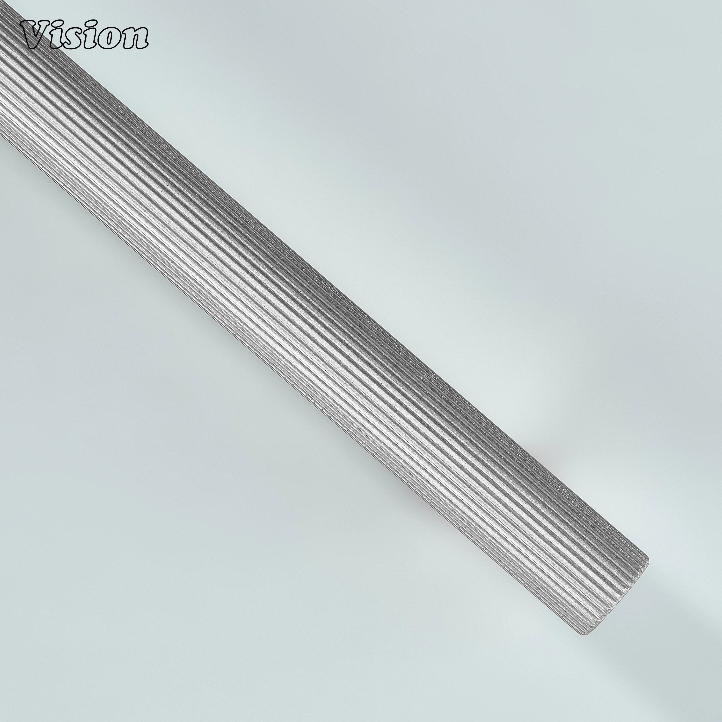 Silver knurled linear cabinet handle with modern profile for living room units.