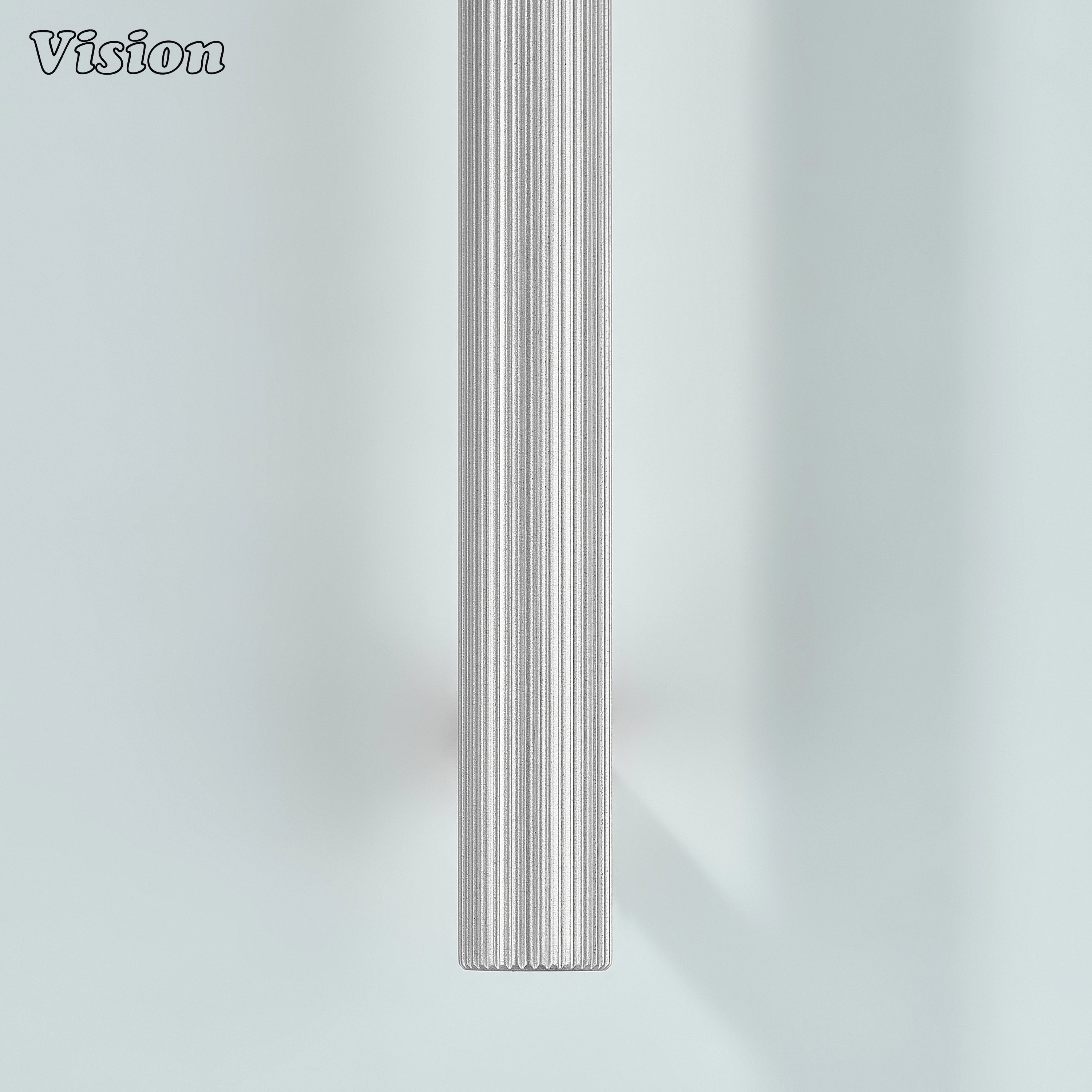 Silver textured linear handle used for furniture drawers.