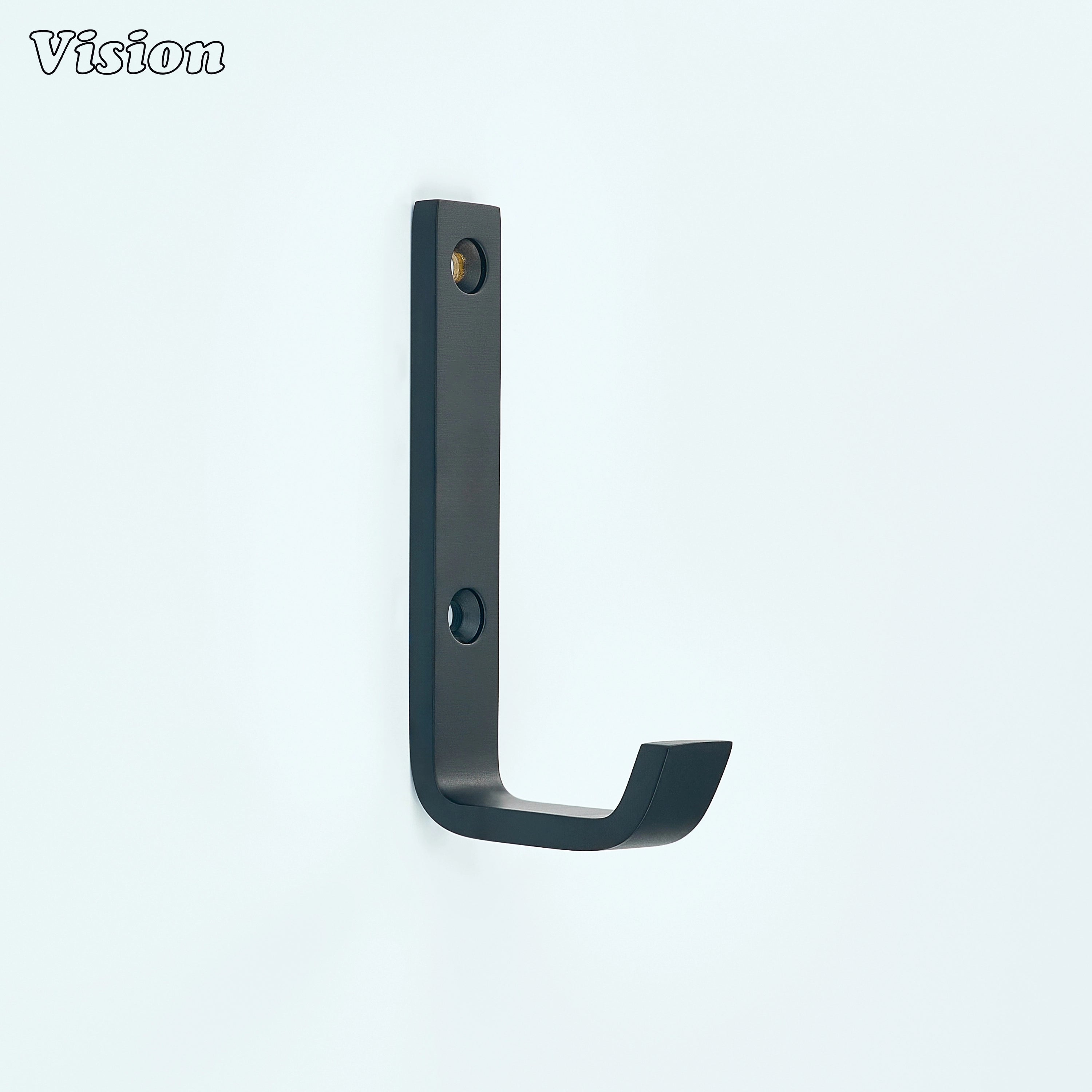 Black finish brass wall hook with flat profile for contemporary interior walls