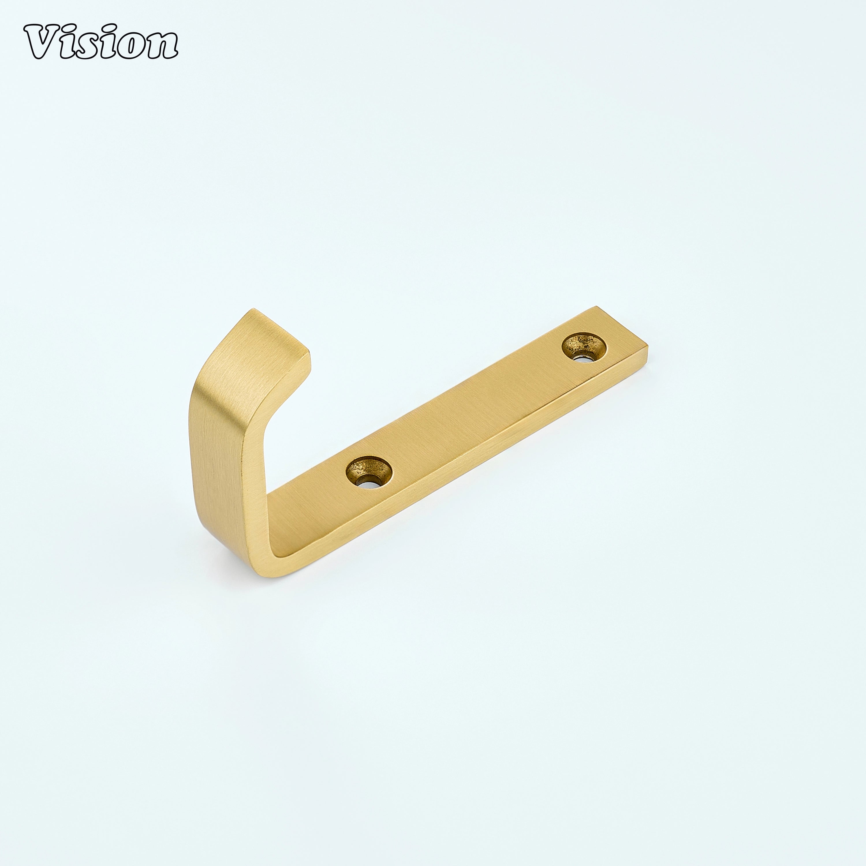 Gold brass wall hook with plain flat J profile and curved end, designed for modern bathroom walls and towel hanging