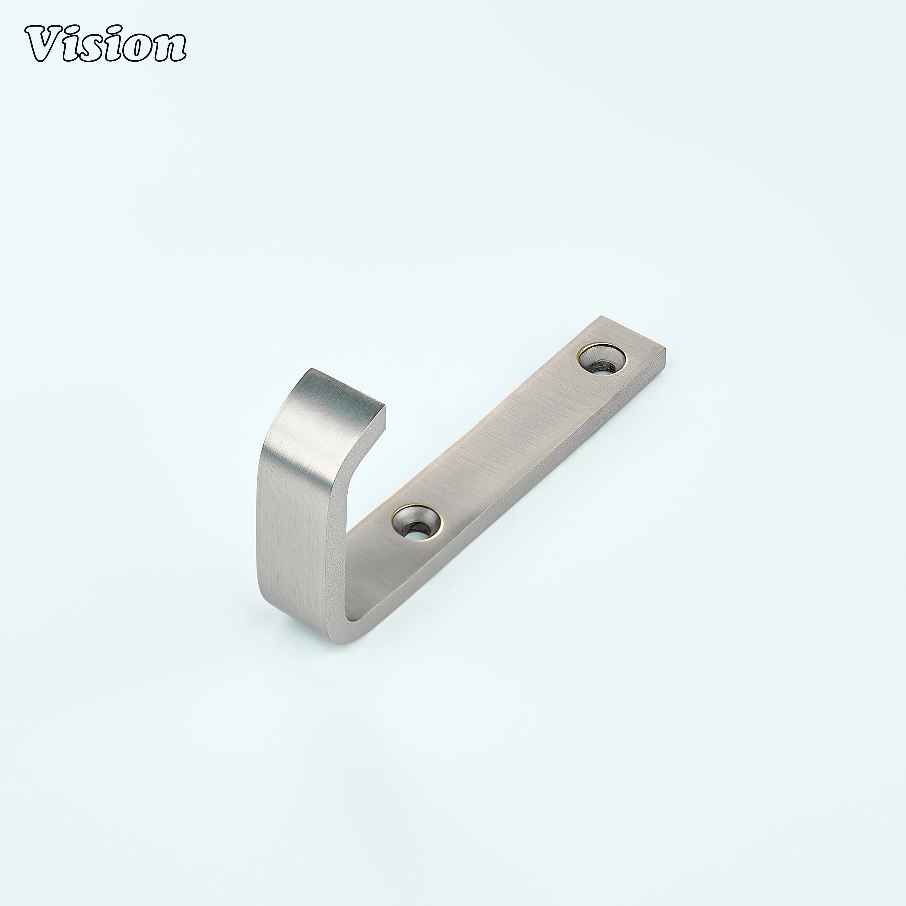 Silver brass wall hook with plain flat J profile and curved end for modern bathroom walls