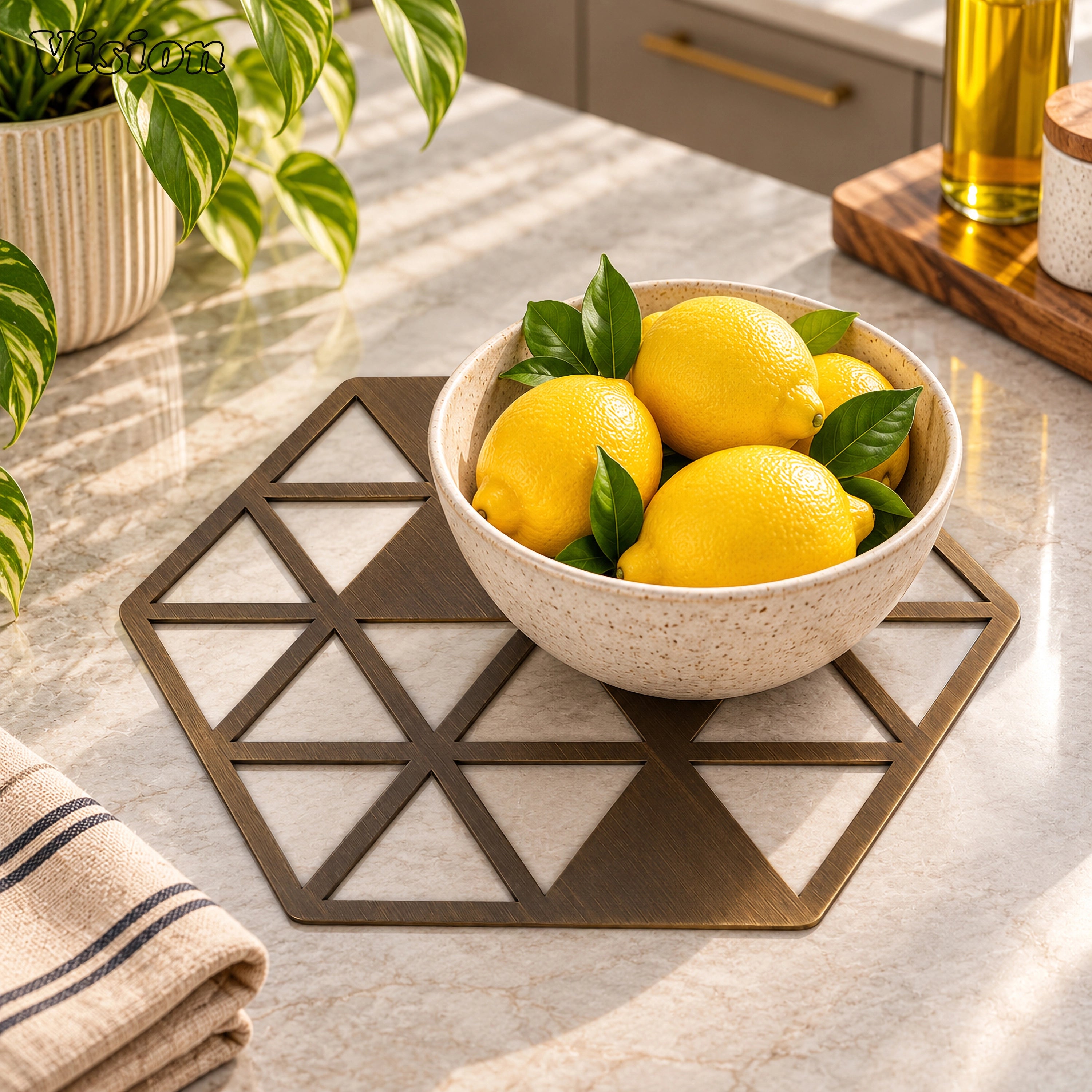 Hexagonal antique bronze tabletop coaster featuring a triangular mosaic grid on a luxury wooden bar cart