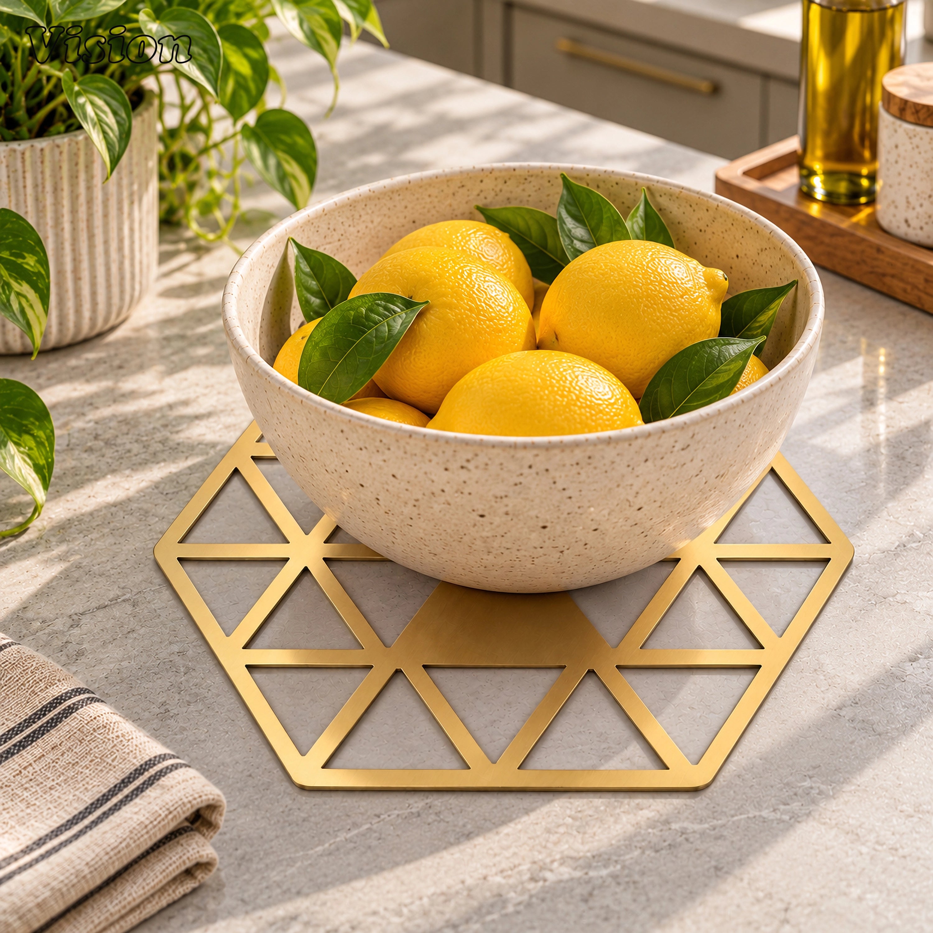 Hexagonal gold tabletop coaster featuring a triangular mosaic grid on a luxury wooden bar cart