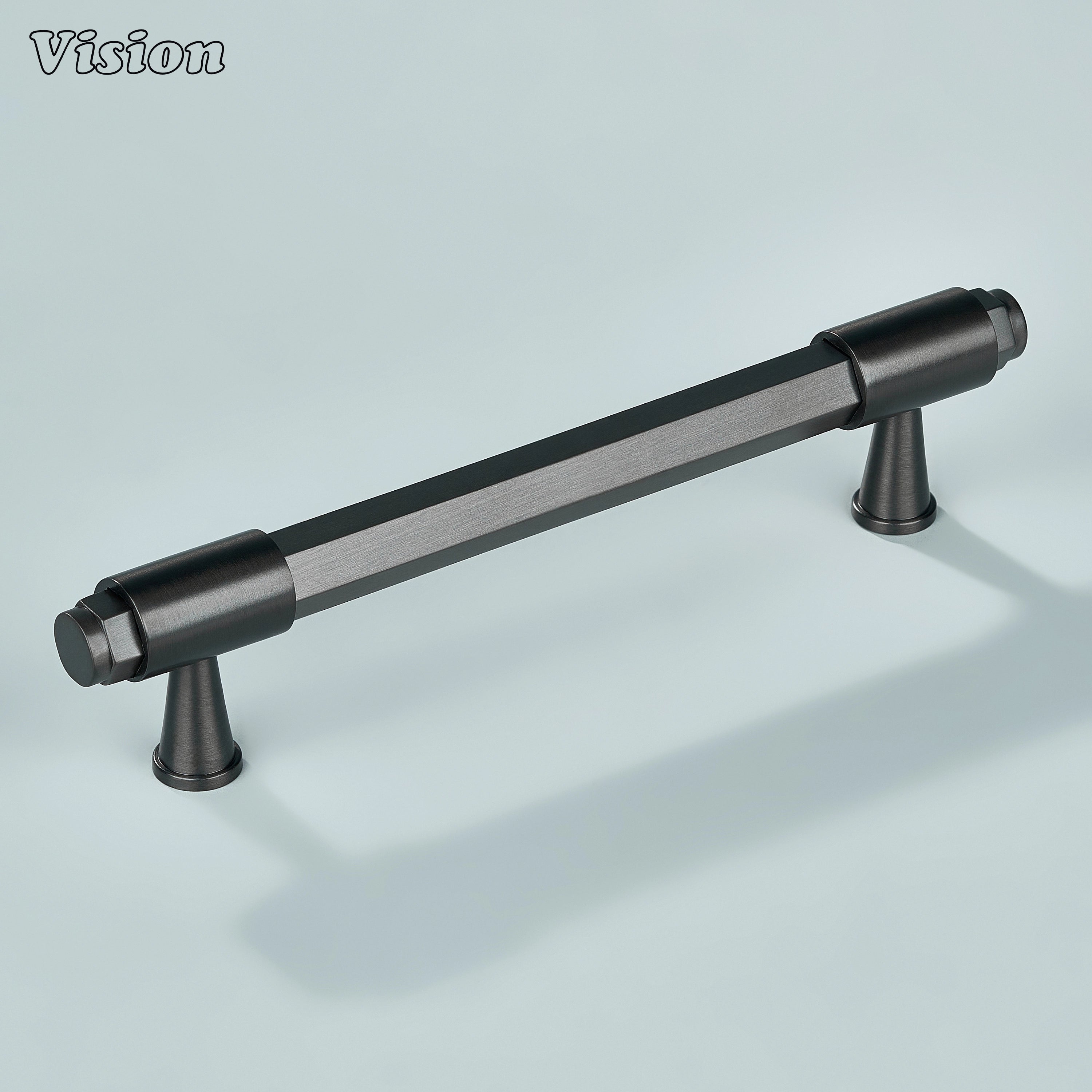 Gunmetal brass cabinet handle with circular end caps and sophisticated cone-shaped legs for wardrobes