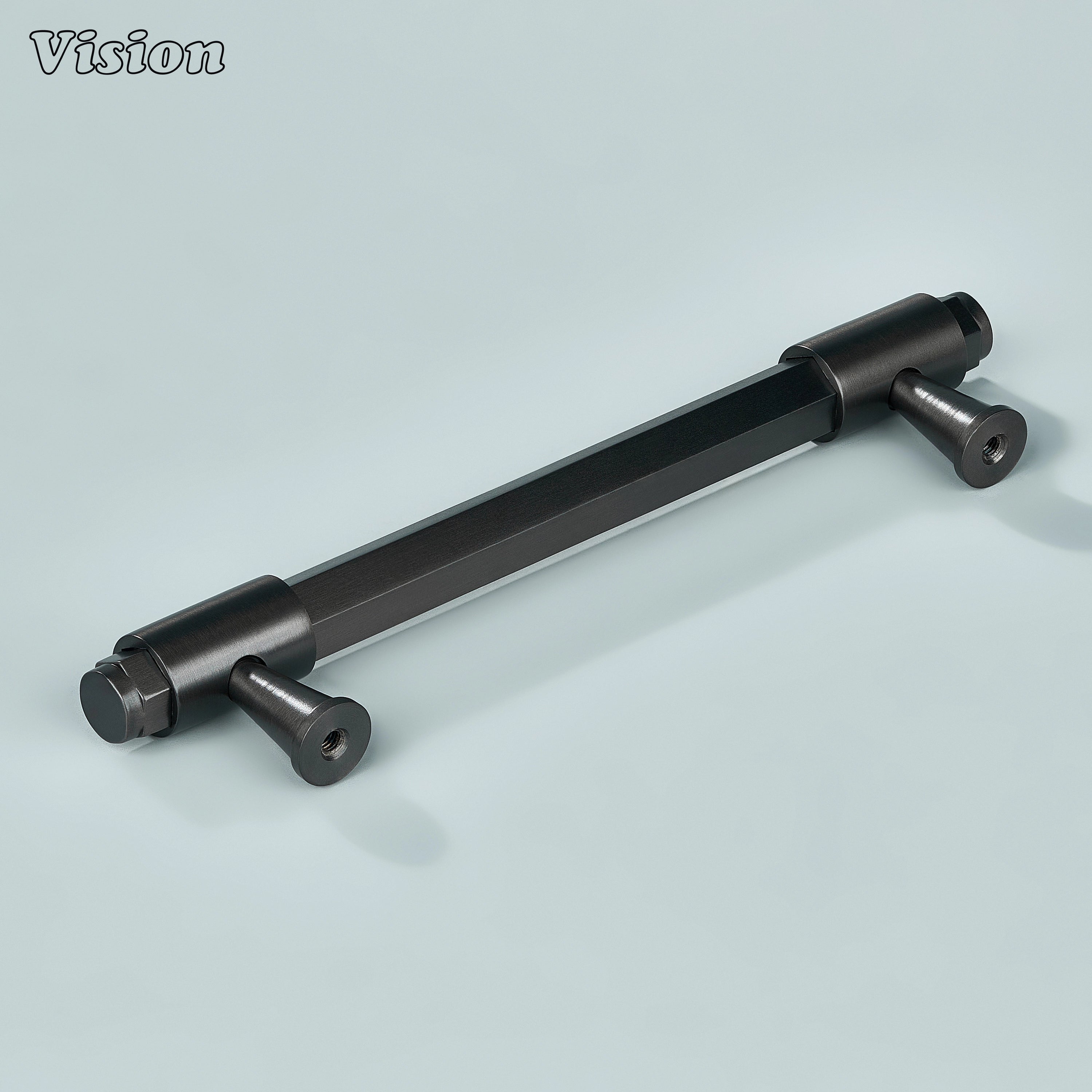 Gunmetal cabinet handle with angular hexagonal profile and ring detailed mounts for furniture drawers