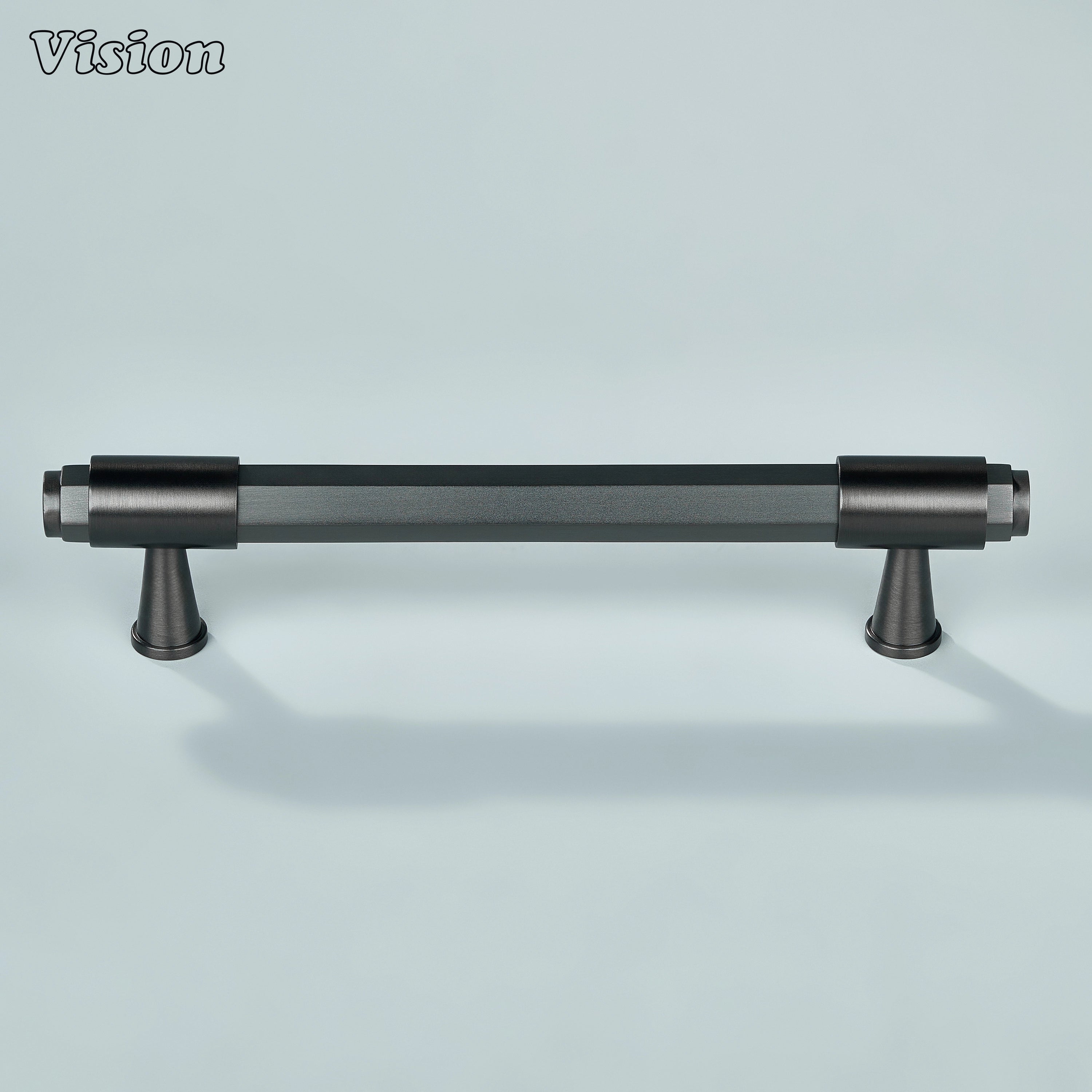 Gunmetal geometric cabinet handle with extruded round ends for modern cabinetry applications