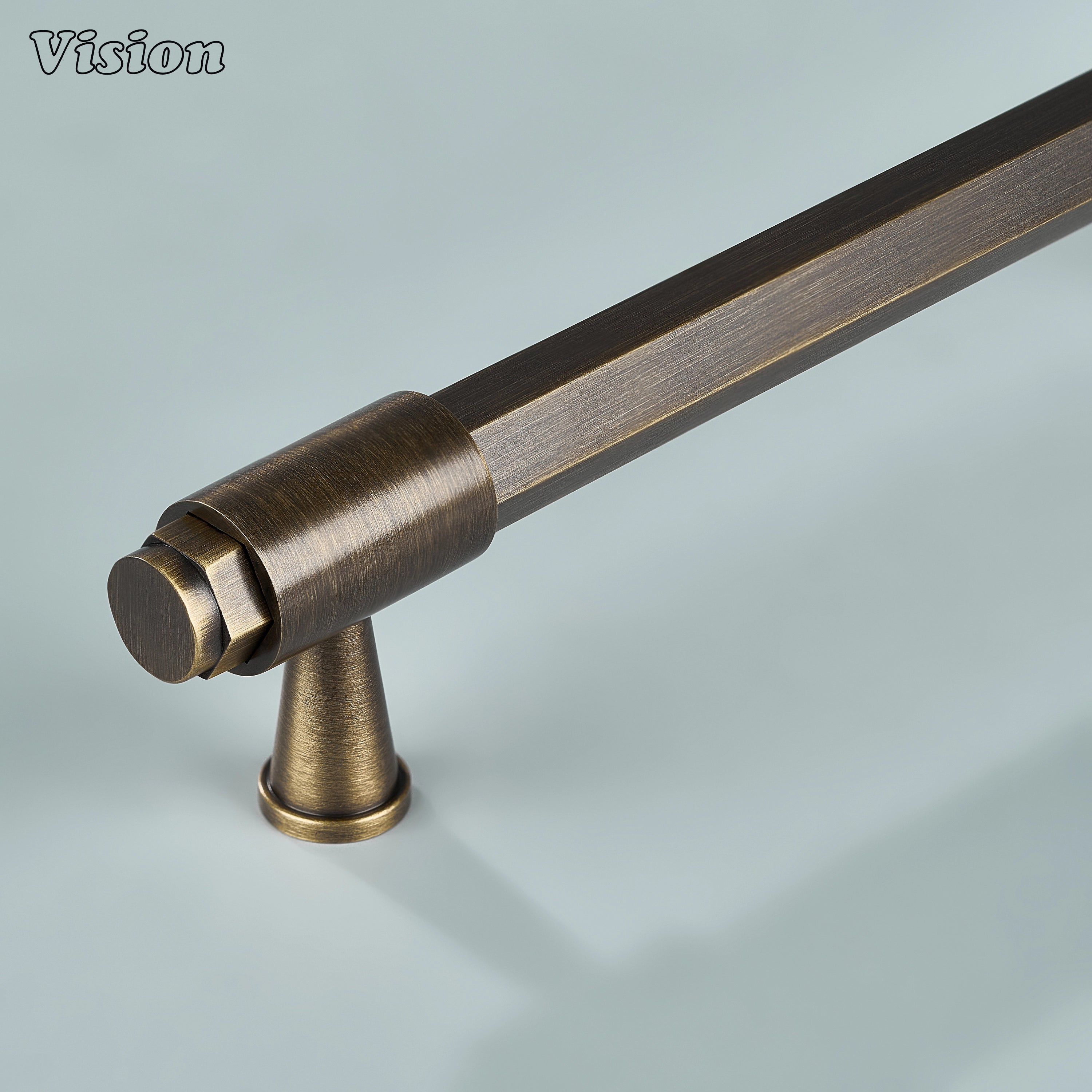 Antique Bronze hexagonal brass cabinet handle with circular extruded ends and ring detailed cone legs for cabinets