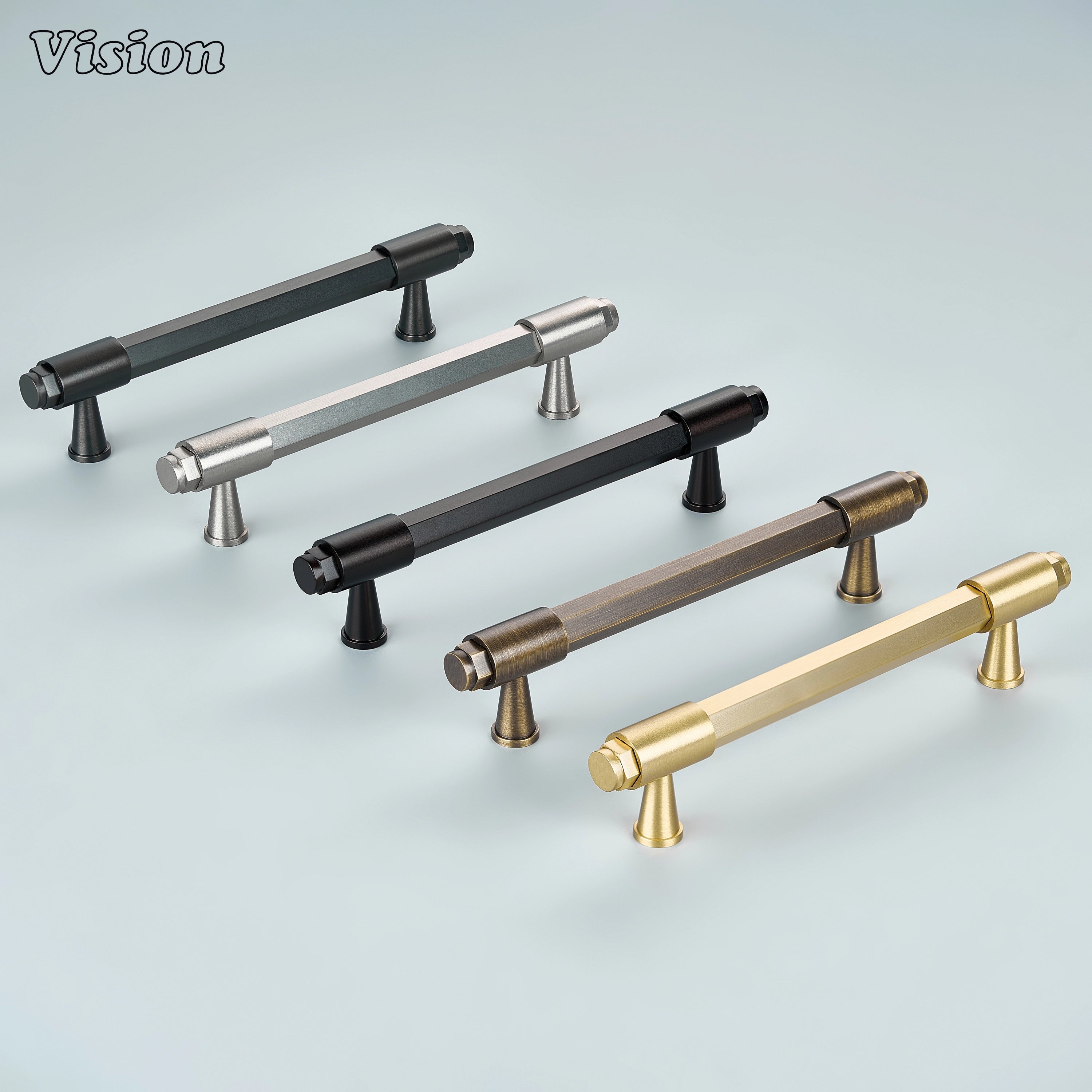 Gold cabinet handle featuring a hexagonal bar, round end caps and subtle ring accents on cone supports for wardrobes