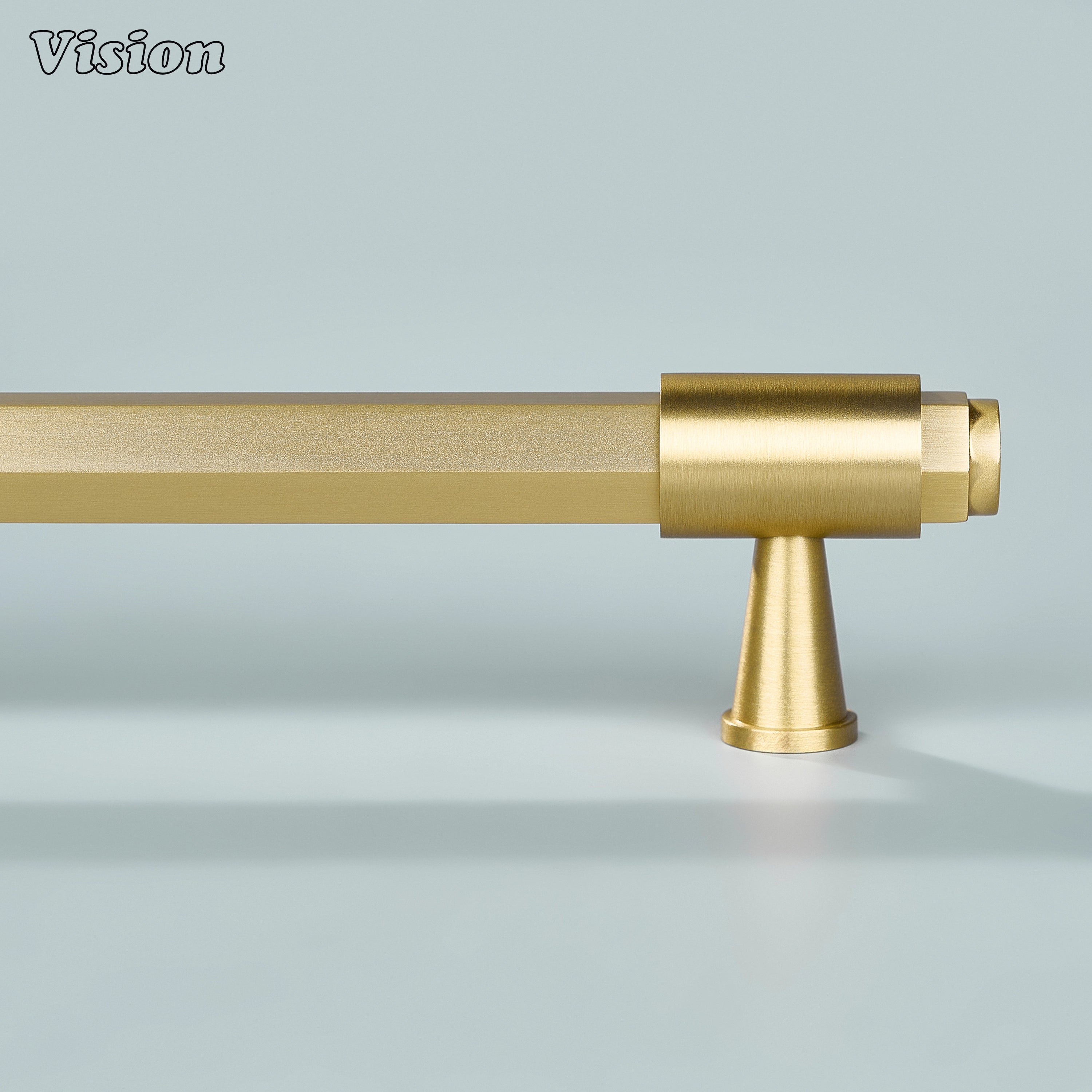 Gold brass cabinet handle featuring ring detailed cone legs and geometric bar styling for wardrobe doors