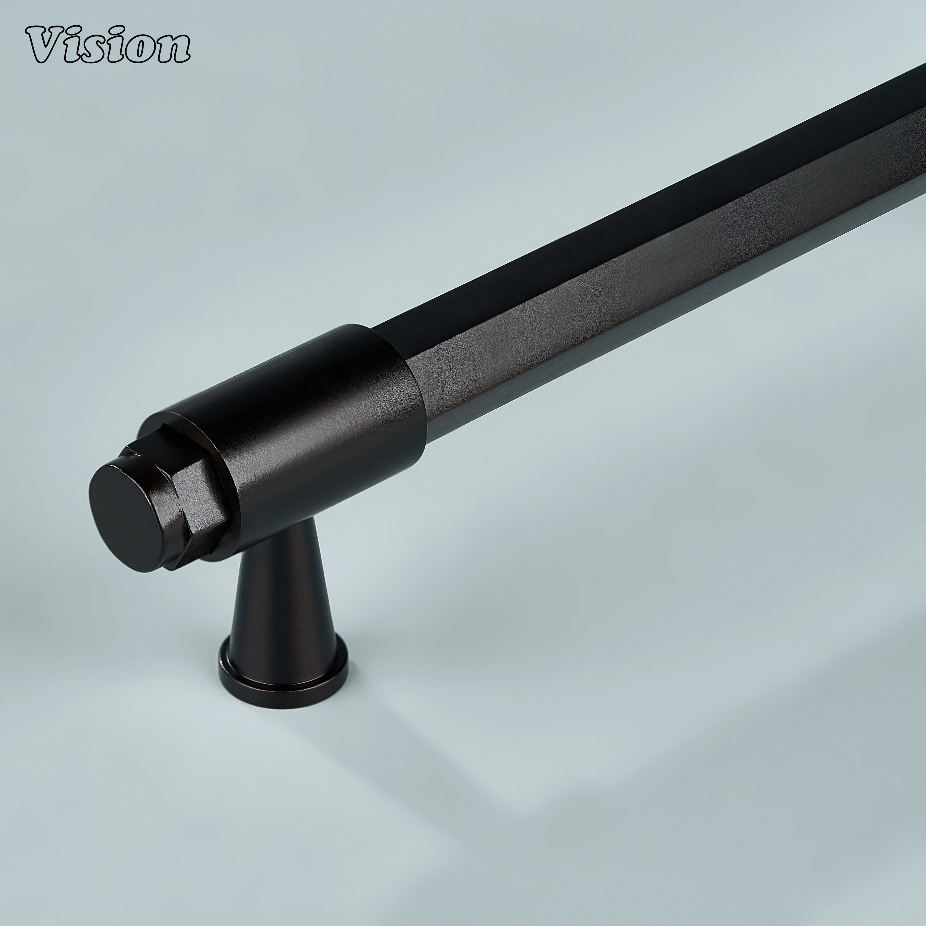 Oil Rubbed Bronze hexagonal brass cabinet handle with circular extruded ends and ring detailed cone legs