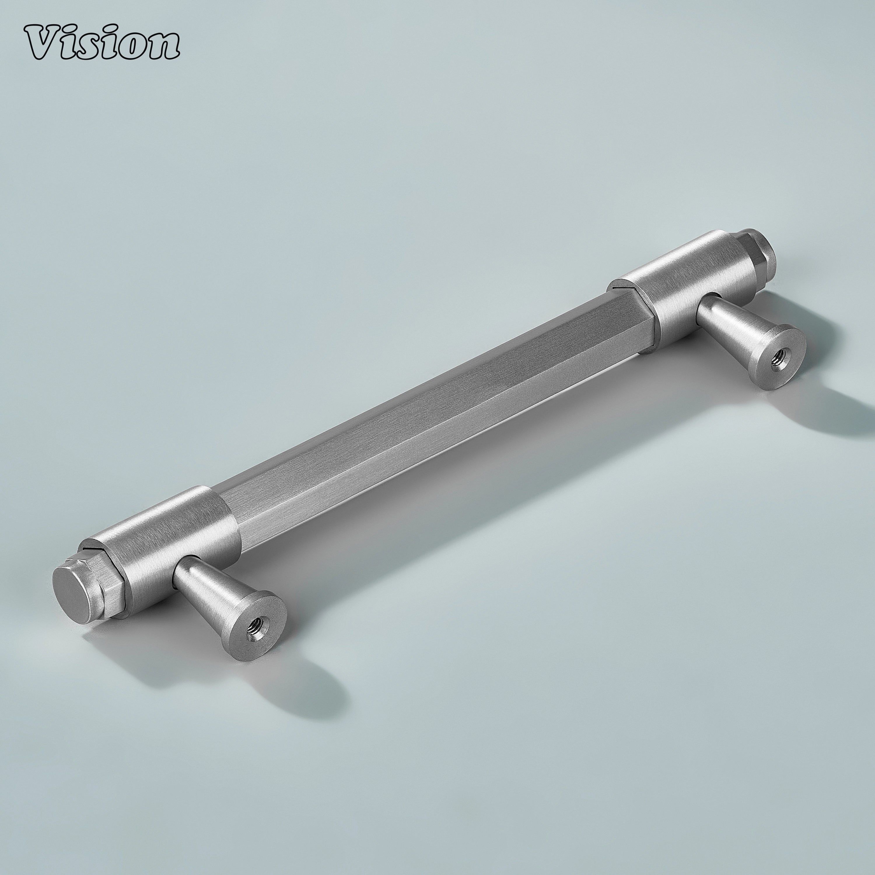 Silver cabinet handle with angular profile and ring detailed supports for furniture drawers