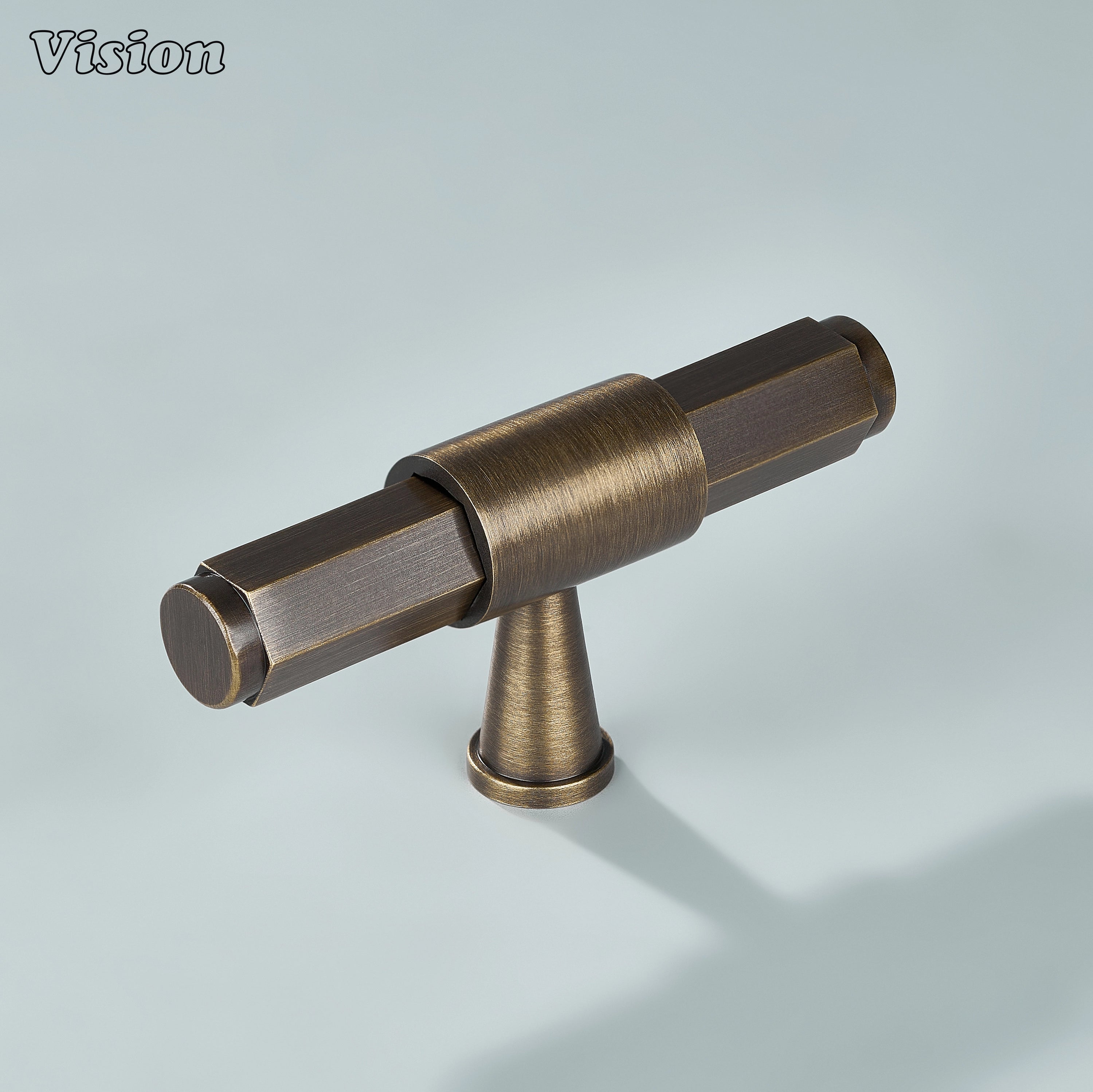 Antique Bronze cabinet T-knob with plain hexagonal bar and ring detailed cone leg for kitchen cabinets