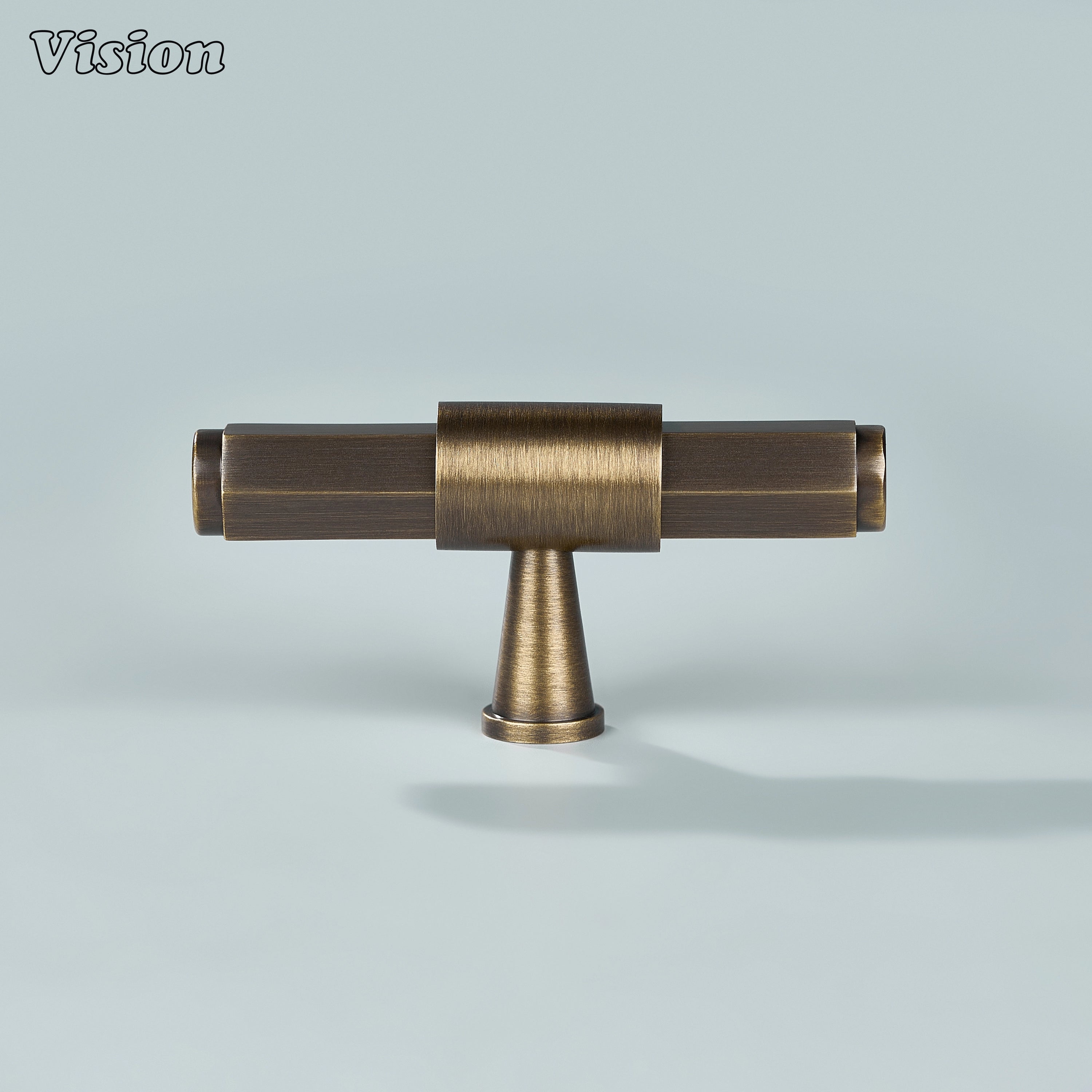 Antique Bronze T-knob with geometric hexagonal profile and tapered cone support for furniture drawers