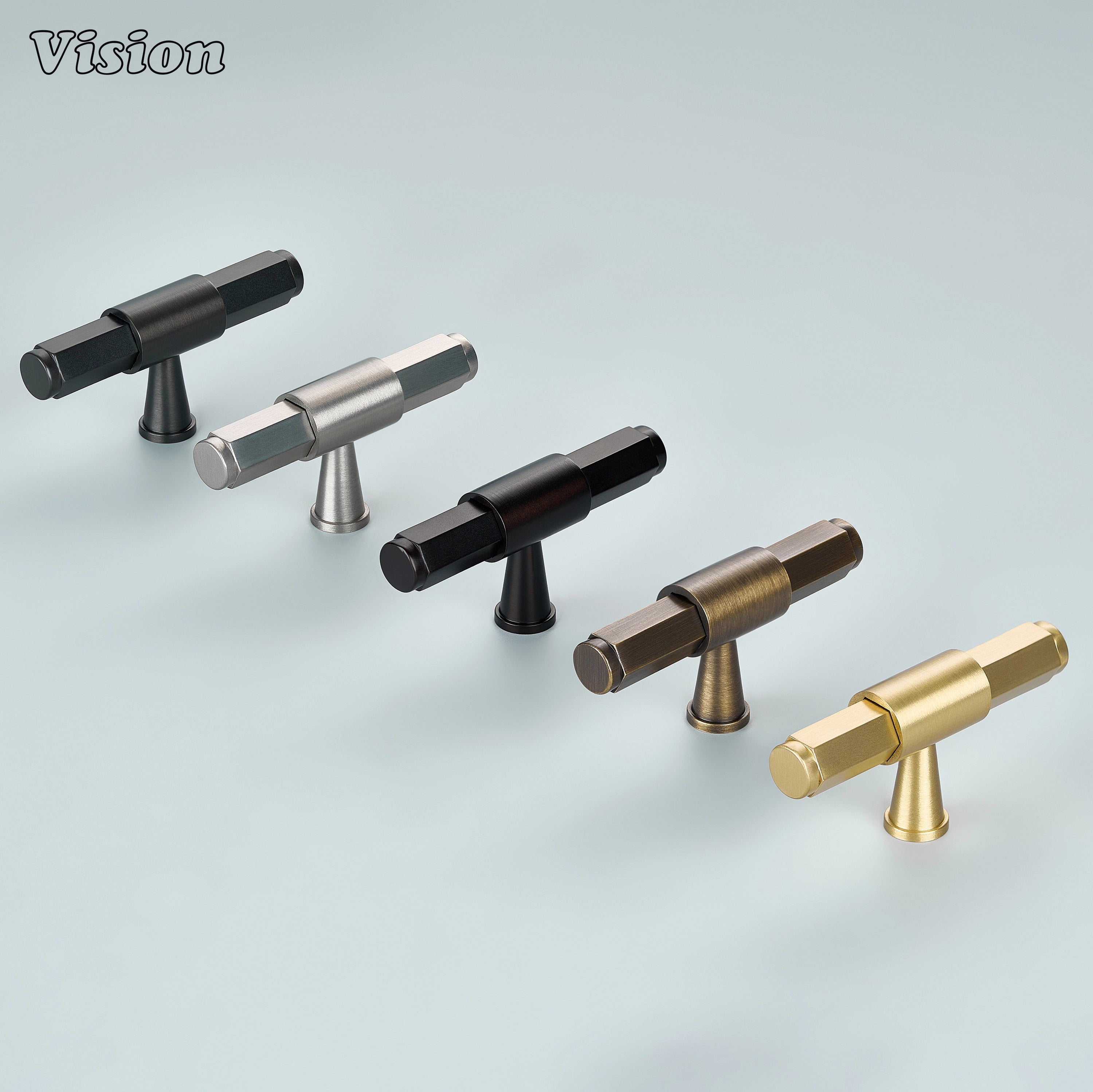 Gold brass cabinet T-knob featuring extruded end details and tapered cone support for wardrobe doors