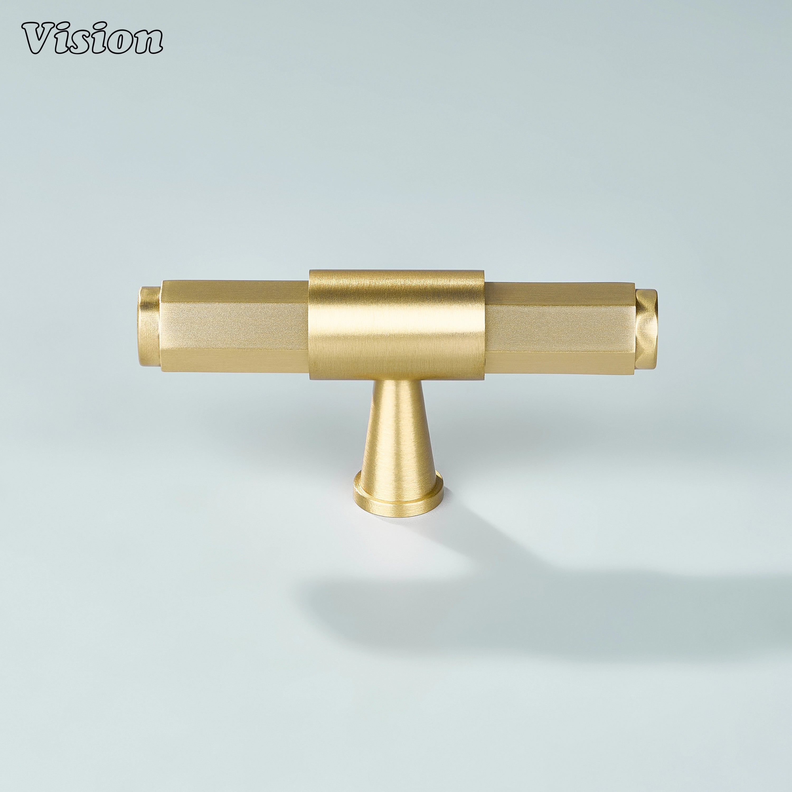 Gold cabinet T-knob with extruded ends and refined ring detailed cone support for wardrobes