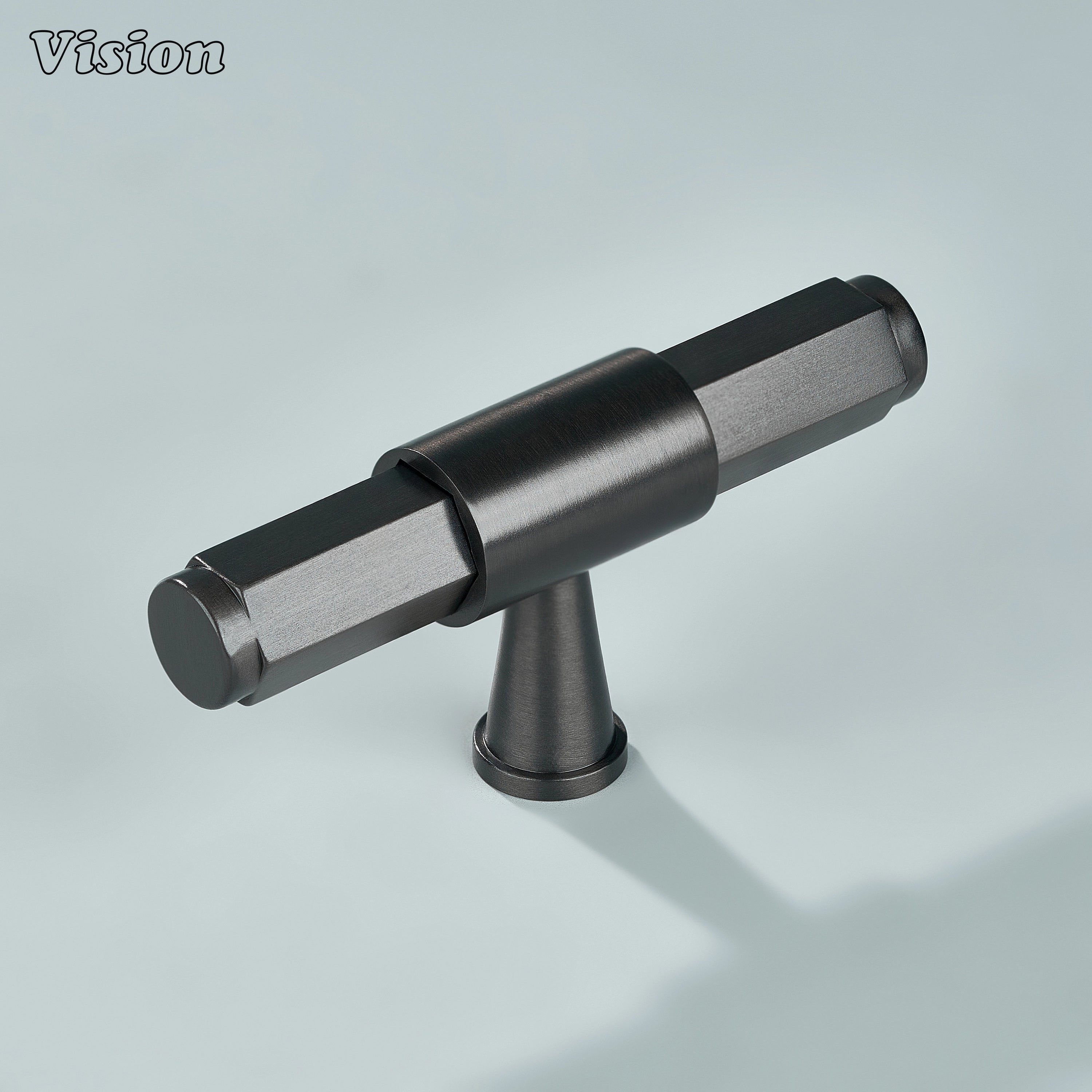 Gunmetal cabinet T-knob with plain hexagonal bar and circular center mount for kitchen cabinets