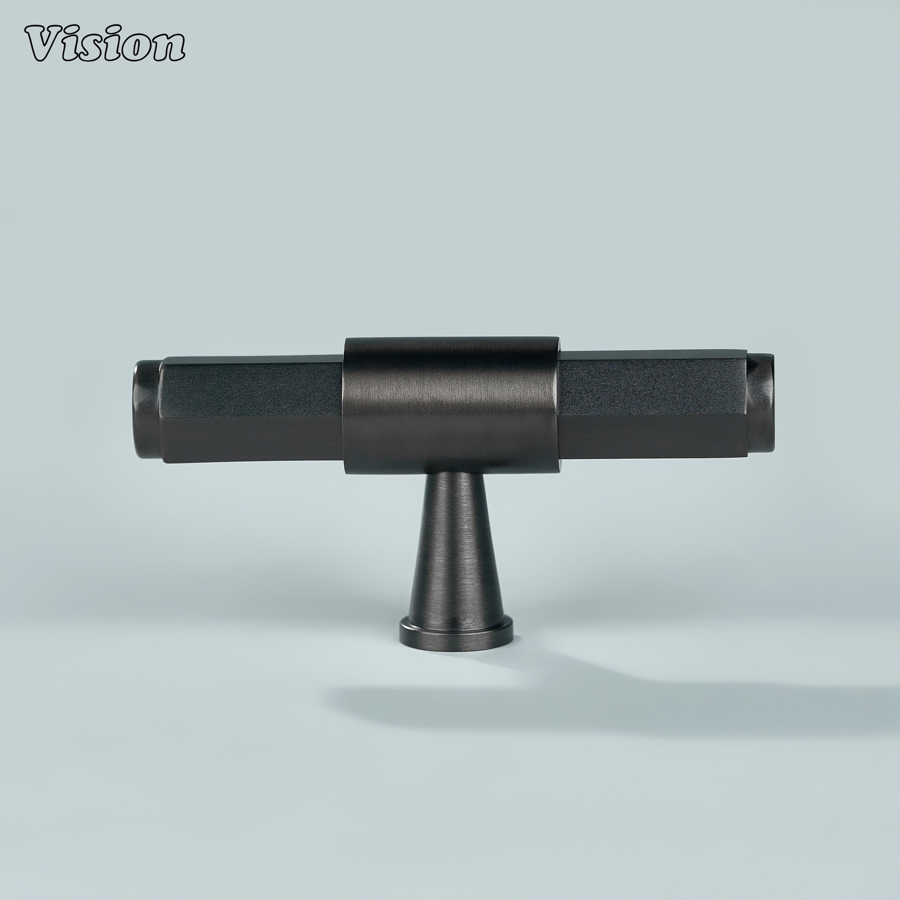 Gunmetal T-knob with geometric profile and tapered cone leg for furniture drawers